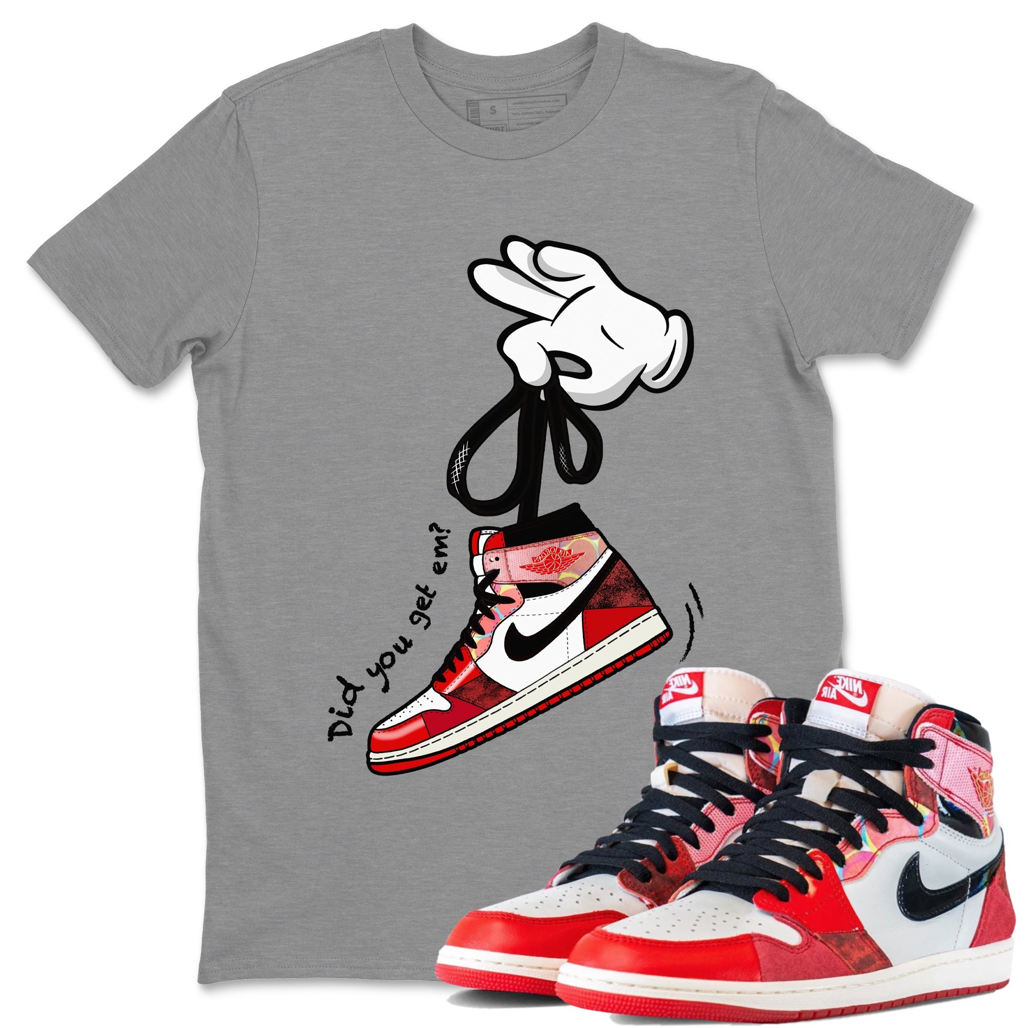 Air Jordan 1 Spider Man Sneaker Match Tees Cartoon Hands Sneaker Release Tees Air Jordan 1 High OG x Spider Man Shirts Unisex Shirts Heather Grey 1