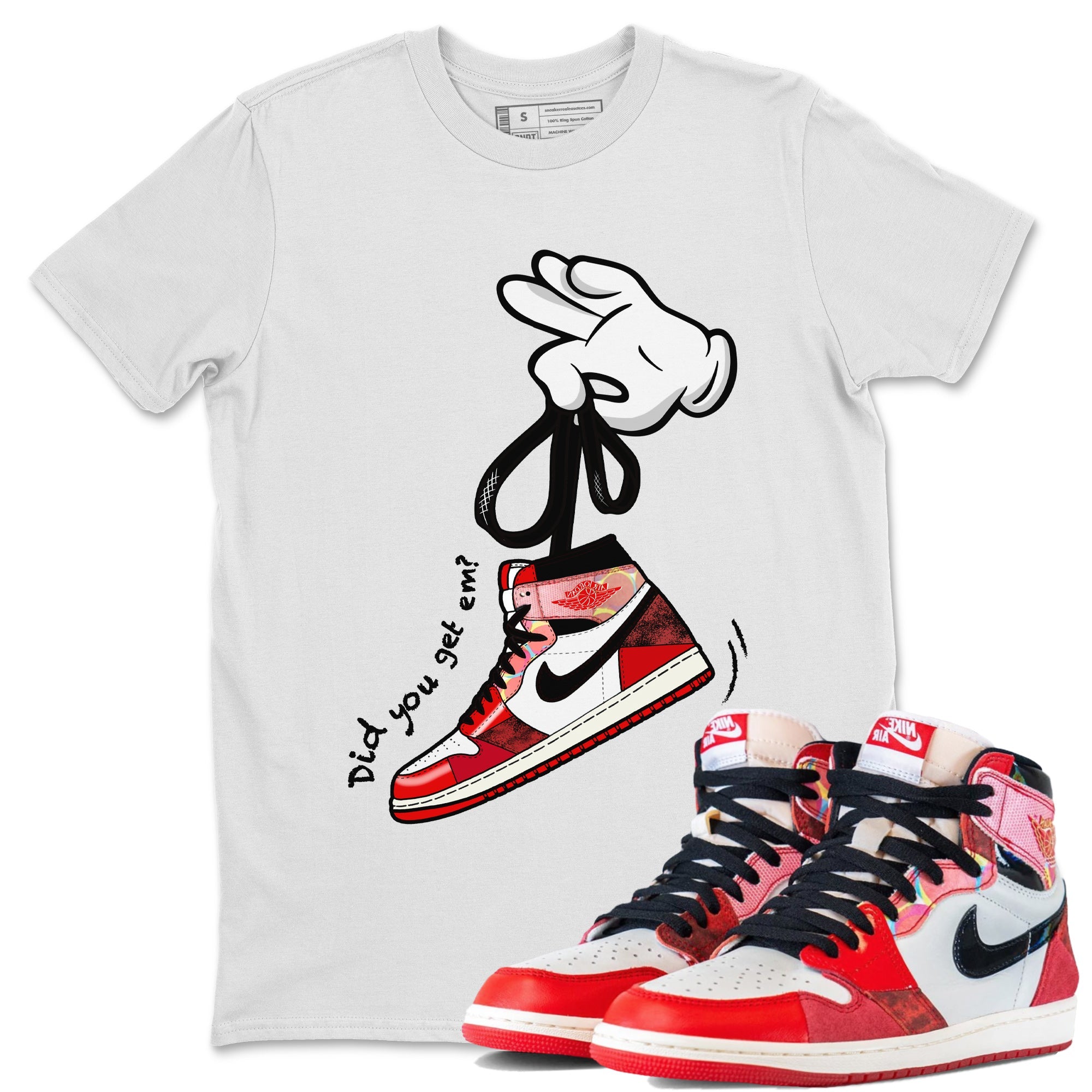 Air Jordan 1 Spider Man Sneaker Match Tees Cartoon Hands Sneaker Release Tees Air Jordan 1 High OG x Spider Man Shirts Unisex Shirts White 1