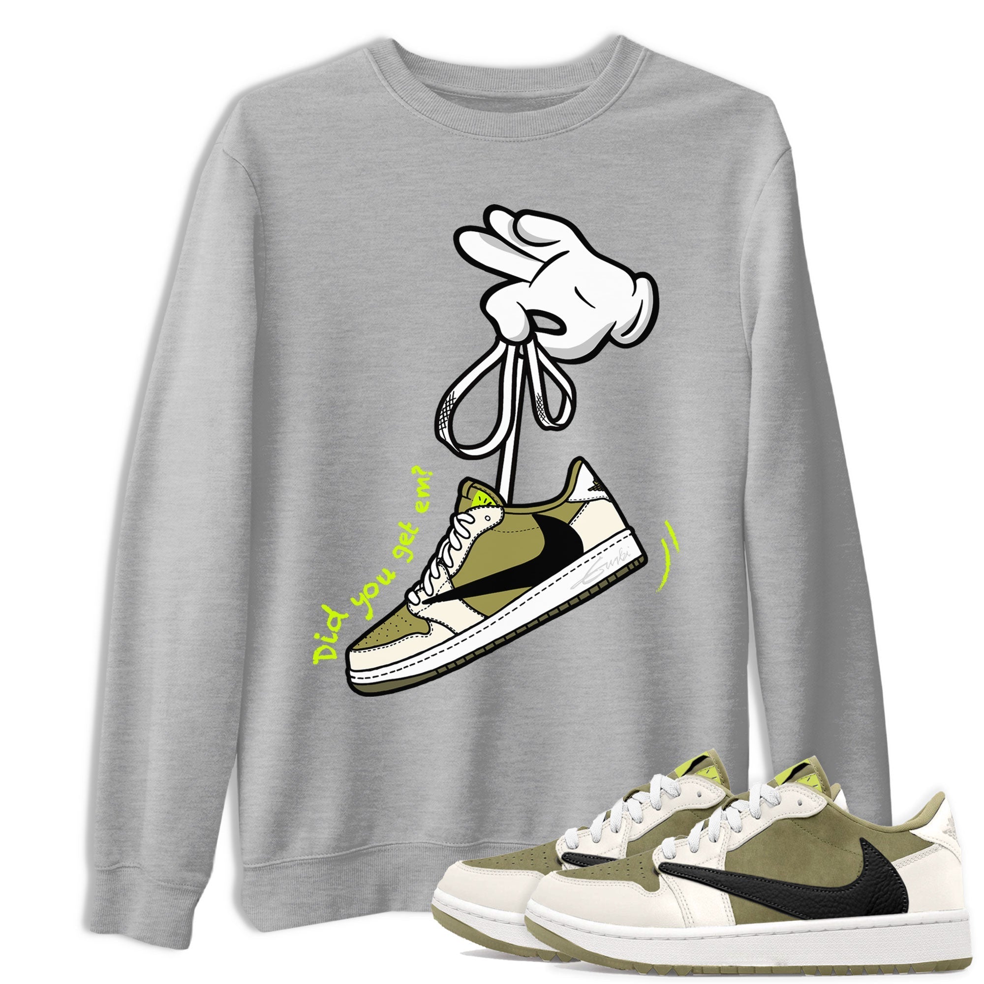 Air Jordan 1 X Travis Scott Golf Olive shirt to match jordans Cartoon Hands Streetwear Sneaker Shirt Air Jordan 1 Travis Scott Golf Drip Gear Zone Sneaker Matching Clothing Unisex Heather Grey 1 T-Shirt