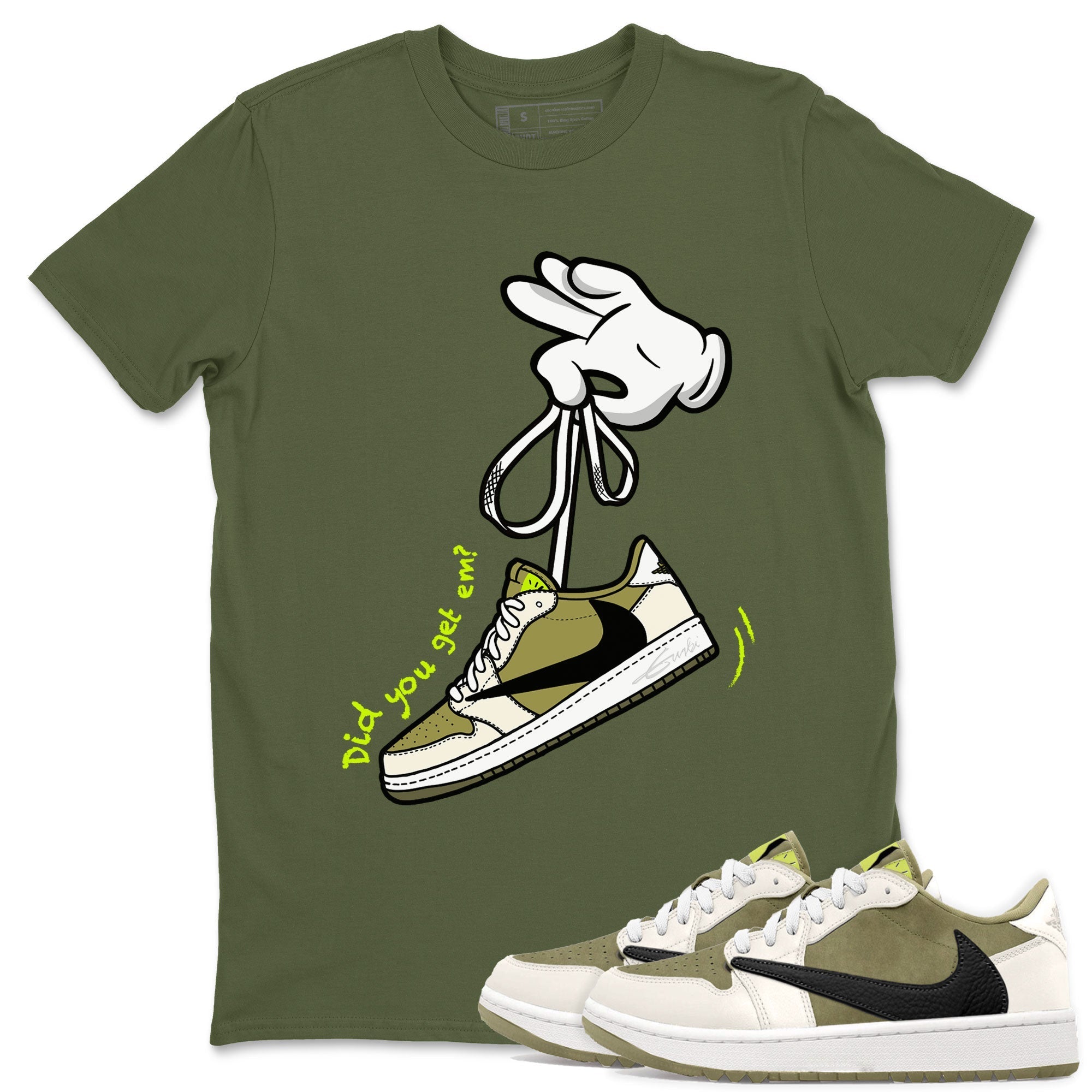 Air Jordan 1 X Travis Scott Golf Olive shirt to match jordans Cartoon Hands Streetwear Sneaker Shirt Air Jordan 1 Travis Scott Golf Drip Gear Zone Sneaker Matching Clothing Unisex Military Green 1 T-Shirt