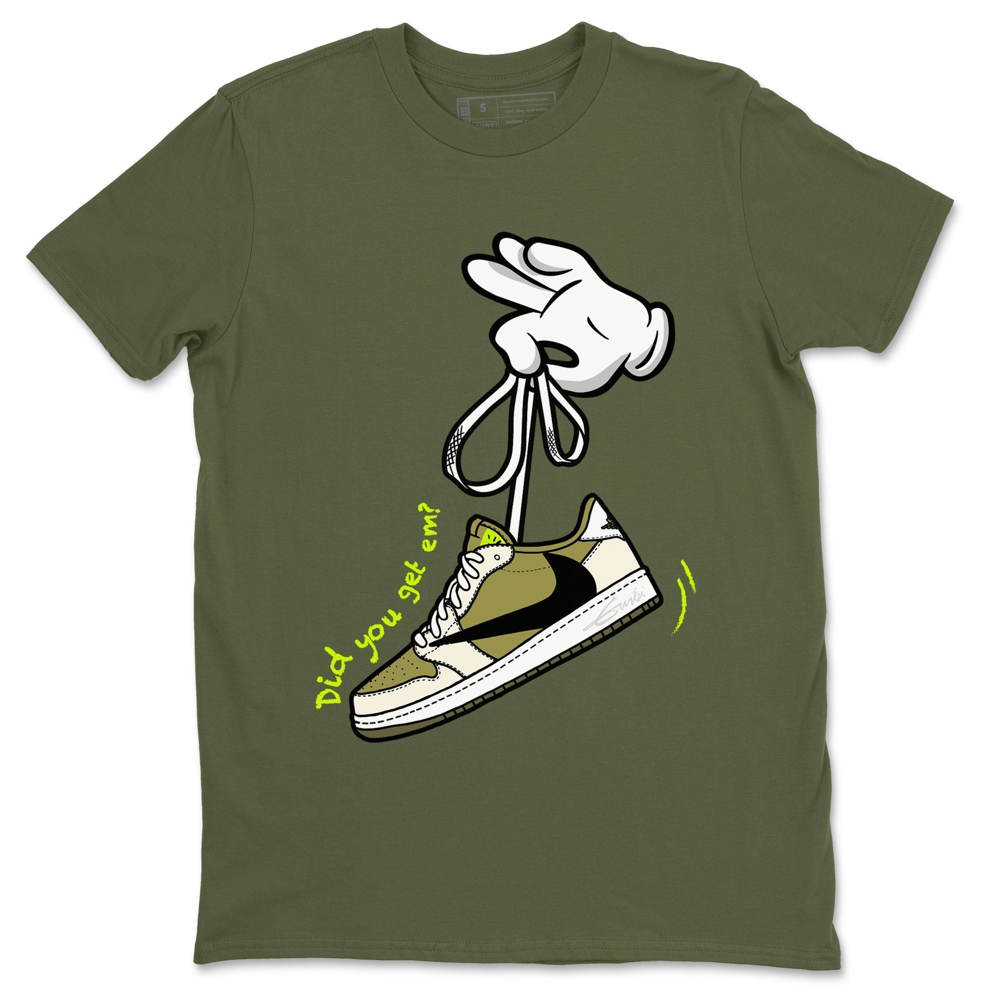 Air Jordan 1 X Travis Scott Golf Olive shirt to match jordans Cartoon Hands Streetwear Sneaker Shirt Air Jordan 1 Travis Scott Golf Drip Gear Zone Sneaker Matching Clothing Unisex Military Green 2 T-Shirt