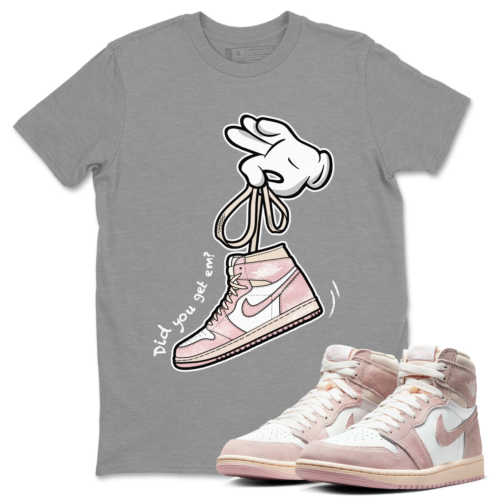 Air Jordan 1 Washed Pink Sneaker Match Tees Cartoon Hands Streetwear Sneaker Shirt Air Jordan 1 High OG WMNS Washed Pink Sneaker Release Tees Unisex Shirts Heather Grey 1