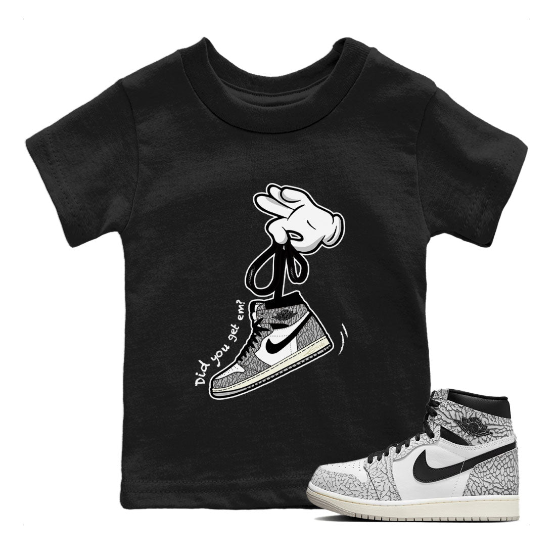 Air Jordan 1 White Cement Sneaker Match Tees Cartoon Hands Streetwear Sneaker Shirt Air Jordan 1 High OG White Cement Sneaker Release Tees Kids Shirts Black 1