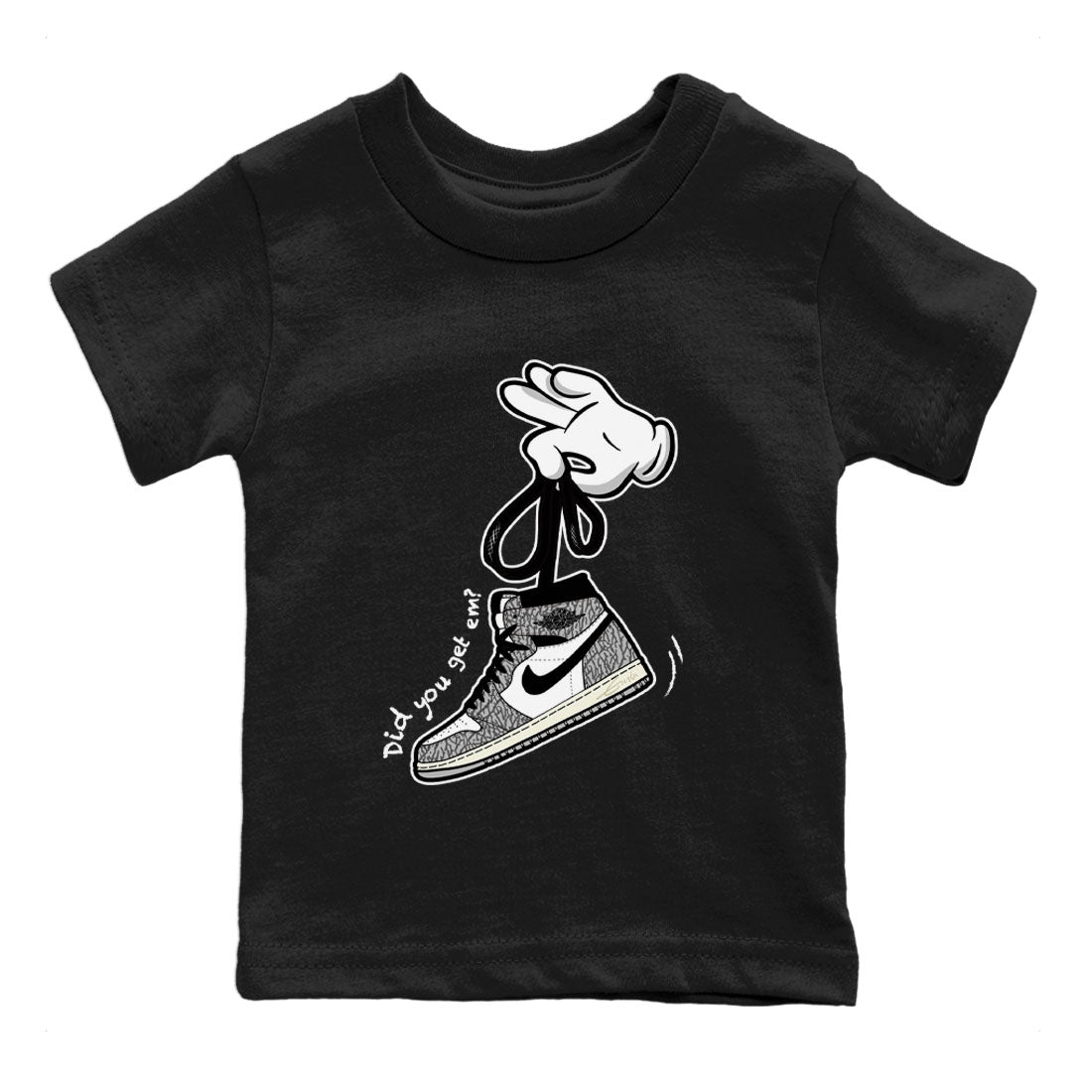 Air Jordan 1 White Cement Sneaker Match Tees Cartoon Hands Streetwear Sneaker Shirt Air Jordan 1 High OG White Cement Sneaker Release Tees Kids Shirts Black 2