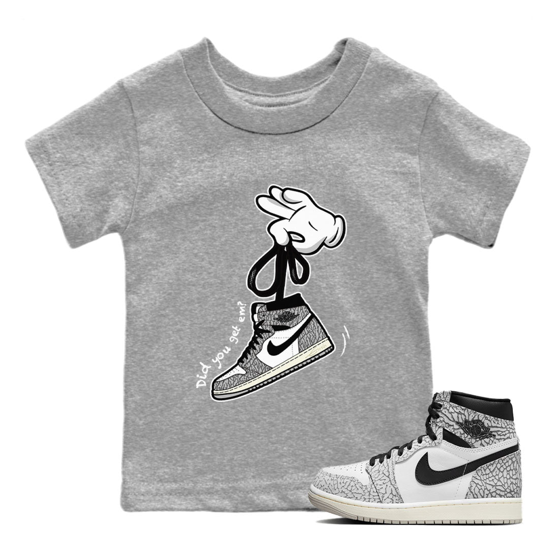 Air Jordan 1 White Cement Sneaker Match Tees Cartoon Hands Streetwear Sneaker Shirt Air Jordan 1 High OG White Cement Sneaker Release Tees Kids Shirts Heather Grey 1