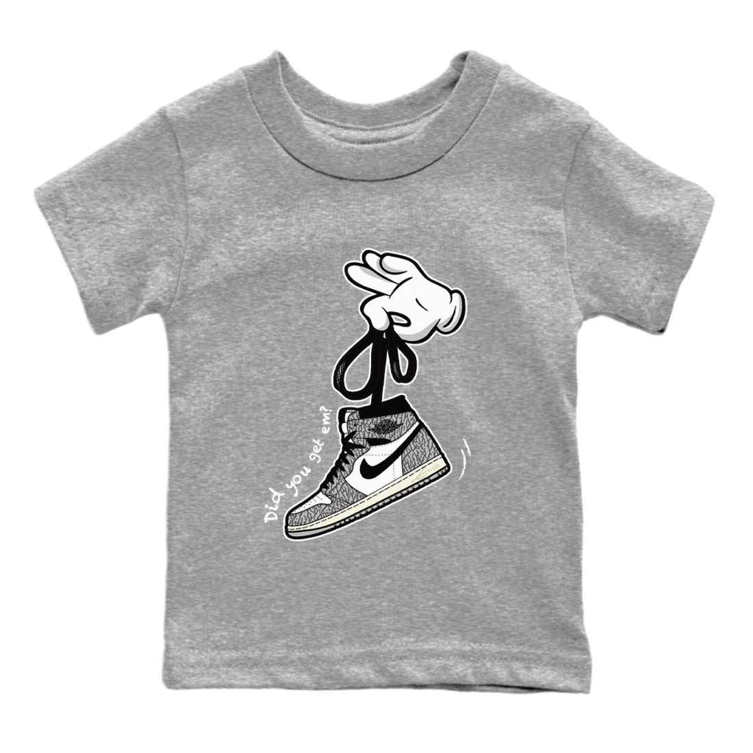 Air Jordan 1 White Cement Sneaker Match Tees Cartoon Hands Streetwear Sneaker Shirt Air Jordan 1 High OG White Cement Sneaker Release Tees Kids Shirts Heather Grey 2