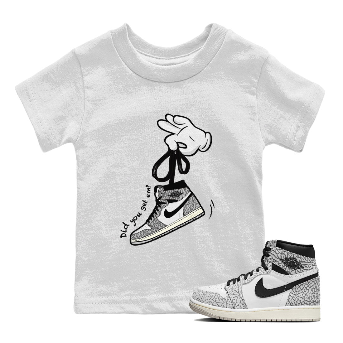 Air Jordan 1 White Cement Sneaker Match Tees Cartoon Hands Streetwear Sneaker Shirt Air Jordan 1 High OG White Cement Sneaker Release Tees Kids Shirts White 1