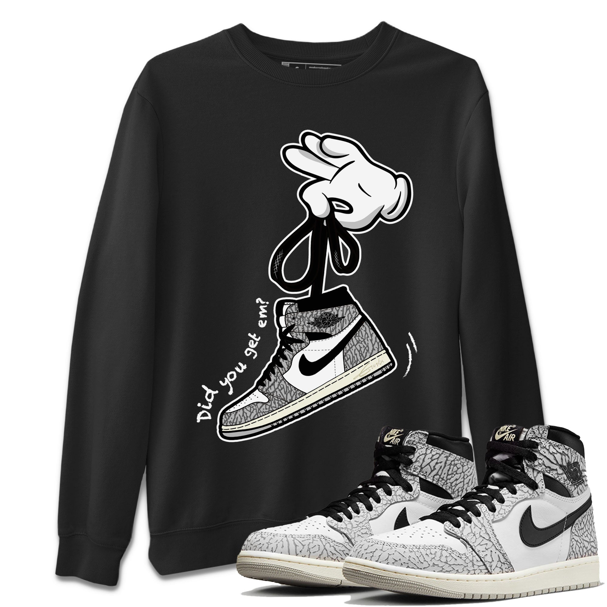 Air Jordan 1 White Cement Sneaker Match Tees Cartoon Hands Streetwear Sneaker Shirt Air Jordan 1 High OG White Cement Sneaker Release Tees Unisex Shirts Black 1