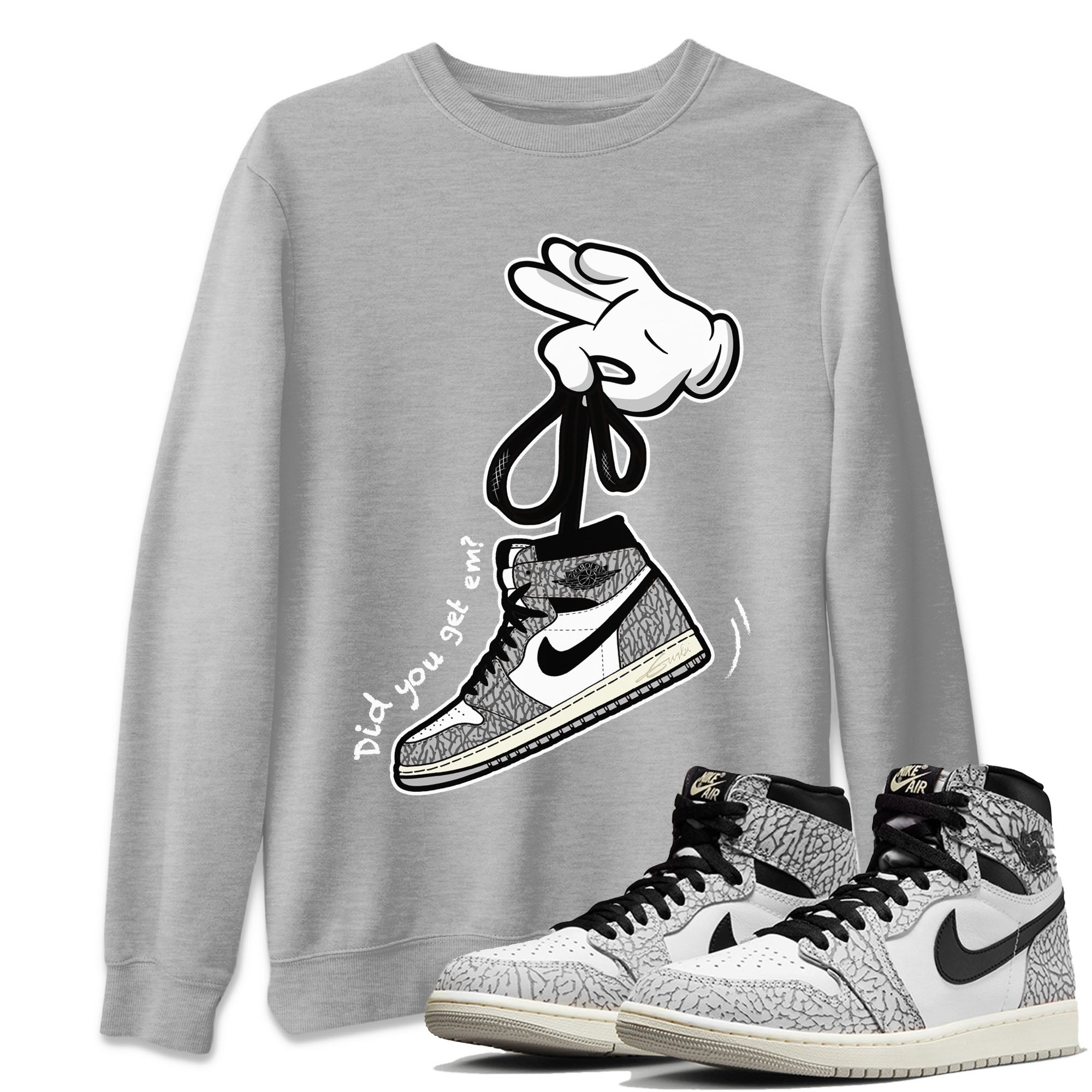 Air Jordan 1 White Cement Sneaker Match Tees Cartoon Hands Streetwear Sneaker Shirt Air Jordan 1 High OG White Cement Sneaker Release Tees Unisex Shirts Heather Grey 1