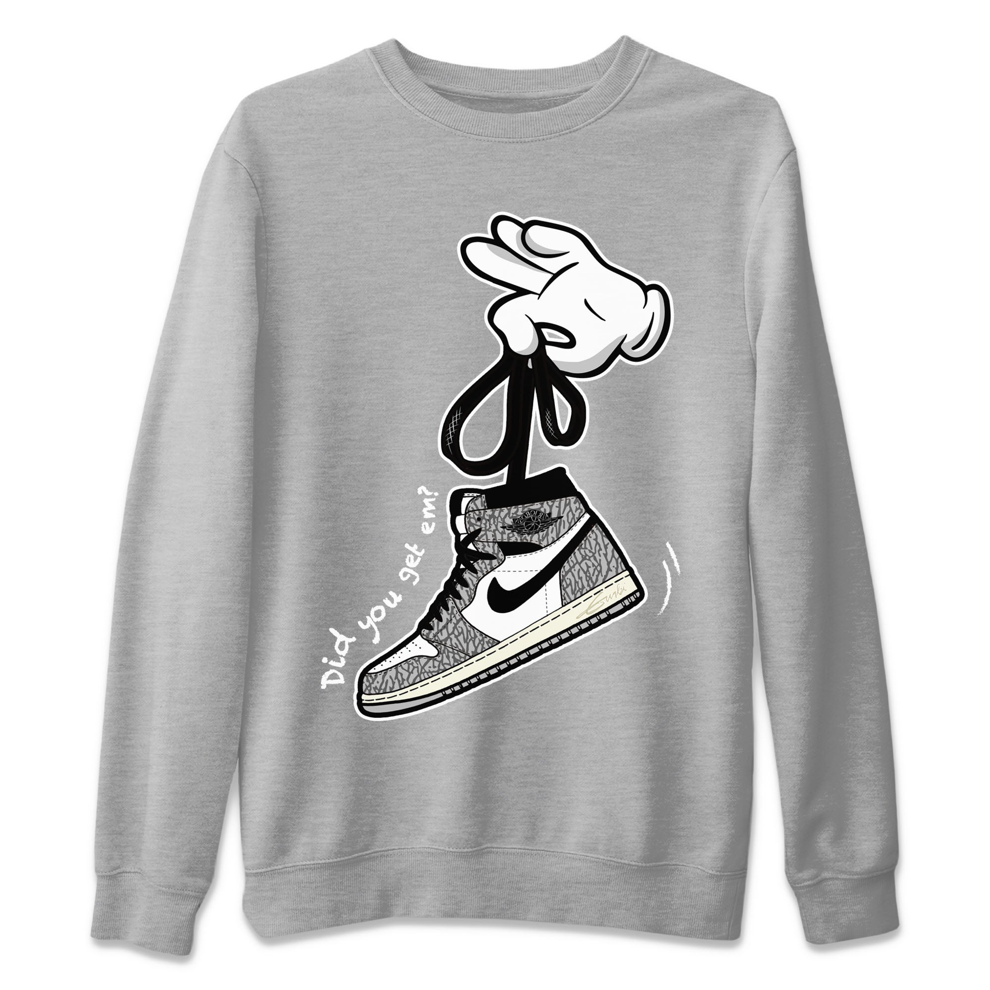 Air Jordan 1 White Cement Sneaker Match Tees Cartoon Hands Streetwear Sneaker Shirt Air Jordan 1 High OG White Cement Sneaker Release Tees Unisex Shirts Heather Grey 2