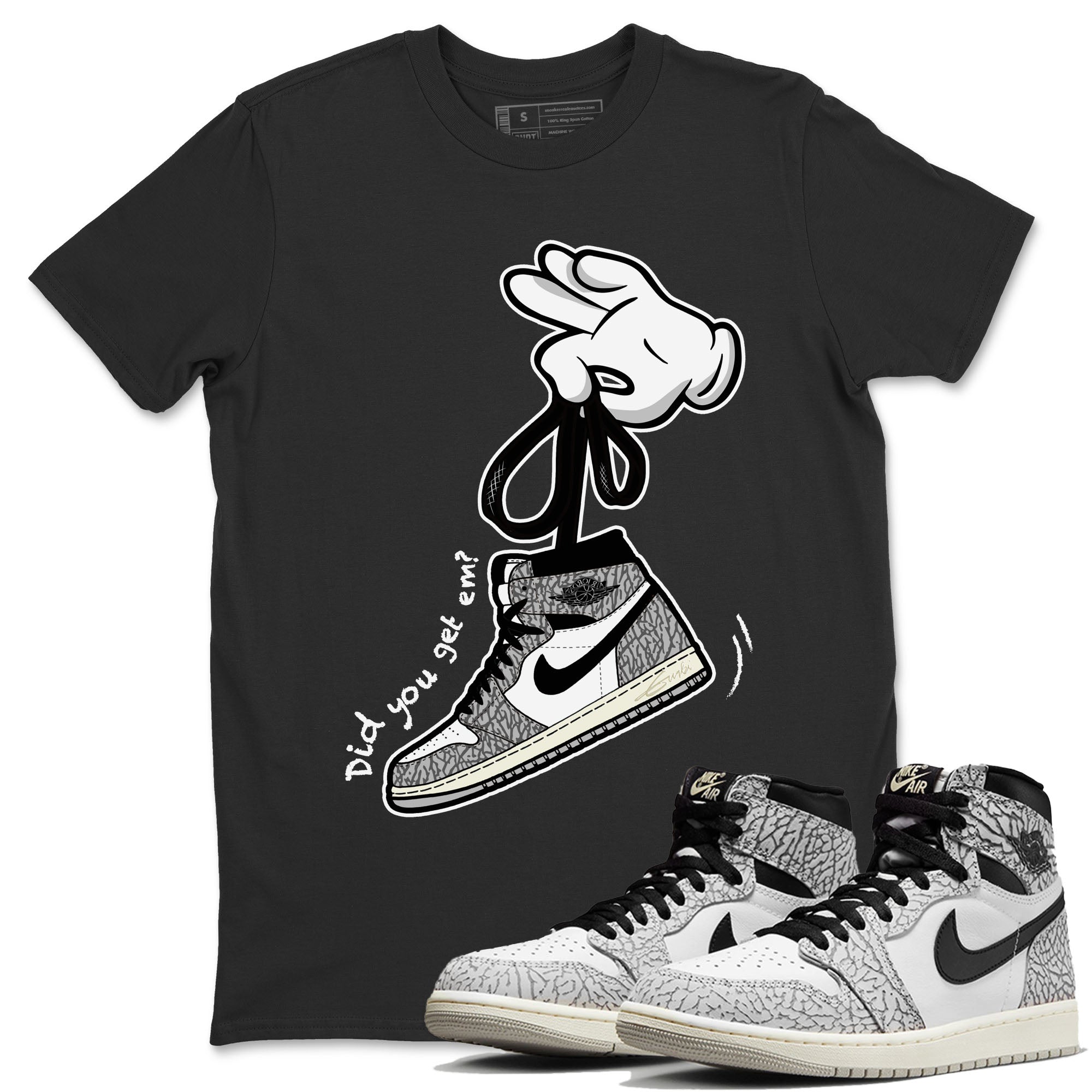 Air Jordan 1 White Cement Sneaker Match Tees Cartoon Hands Streetwear Sneaker Shirt Air Jordan 1 High OG White Cement Sneaker Release Tees Unisex Shirts Black 1