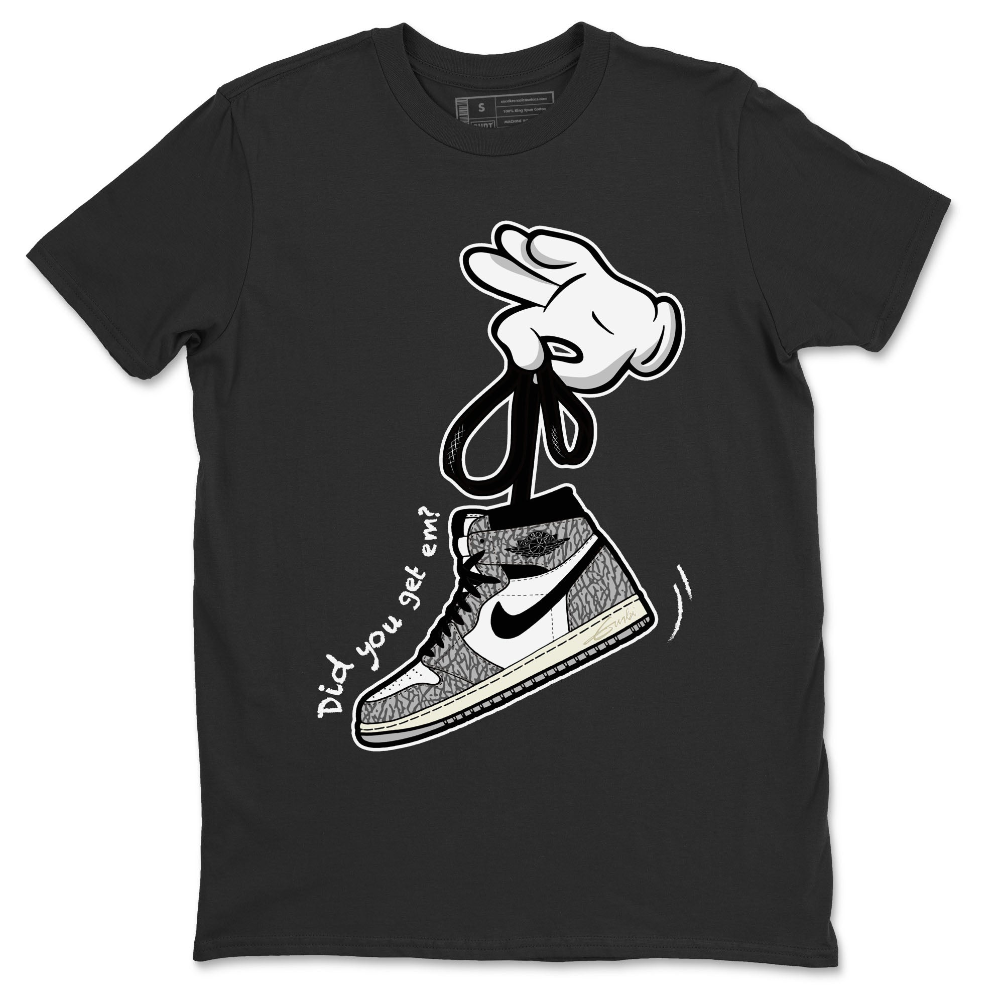 Air Jordan 1 White Cement Sneaker Match Tees Cartoon Hands Streetwear Sneaker Shirt Air Jordan 1 High OG White Cement Sneaker Release Tees Unisex Shirts Black 2