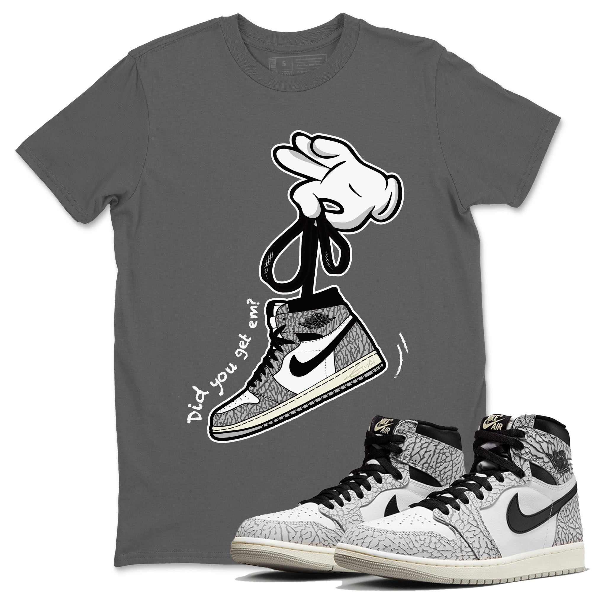 Air Jordan 1 White Cement Sneaker Match Tees Cartoon Hands Streetwear Sneaker Shirt Air Jordan 1 High OG White Cement Sneaker Release Tees Unisex Shirts Cool Grey 1