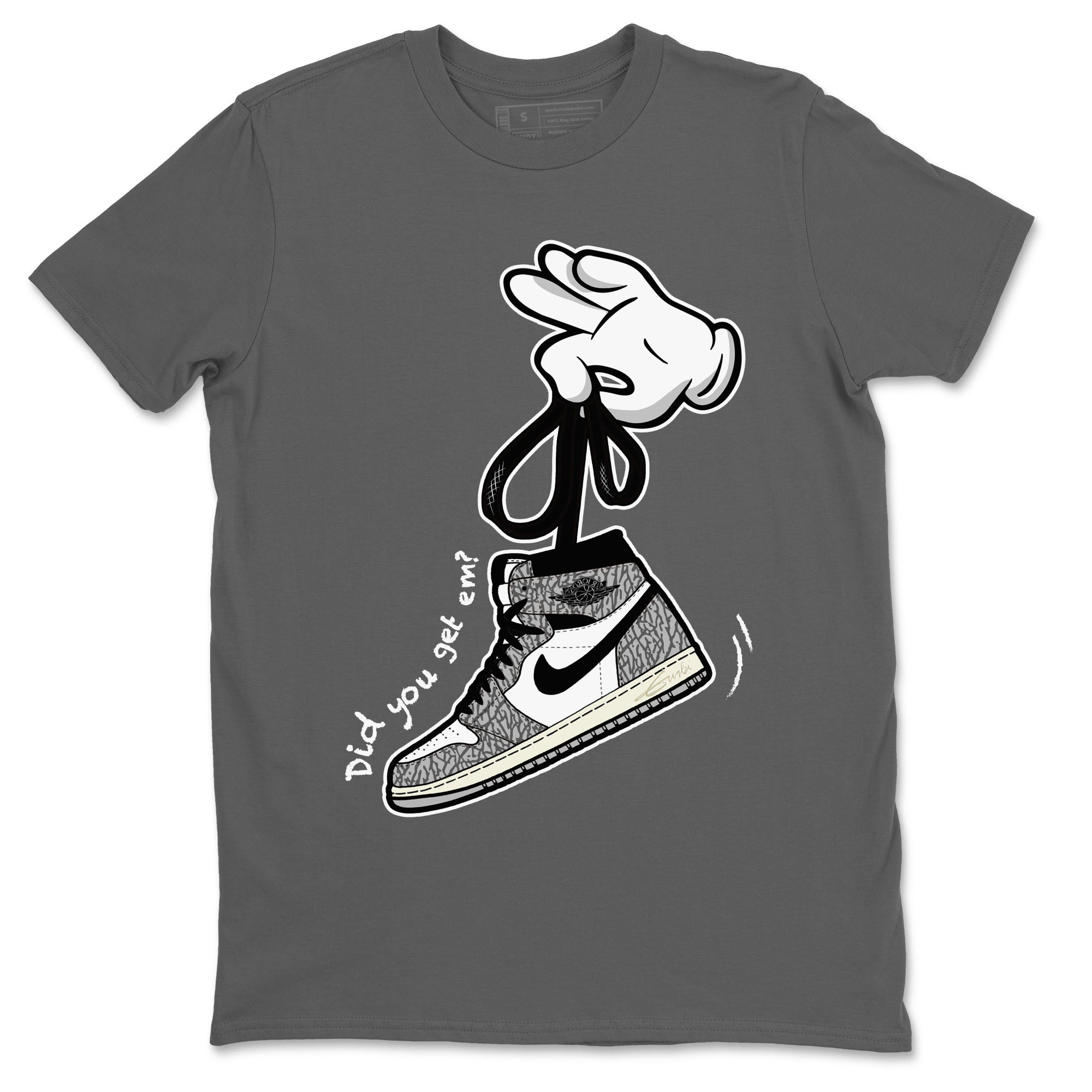 Air Jordan 1 White Cement Sneaker Match Tees Cartoon Hands Streetwear Sneaker Shirt Air Jordan 1 High OG White Cement Sneaker Release Tees Unisex Shirts Cool Grey 2