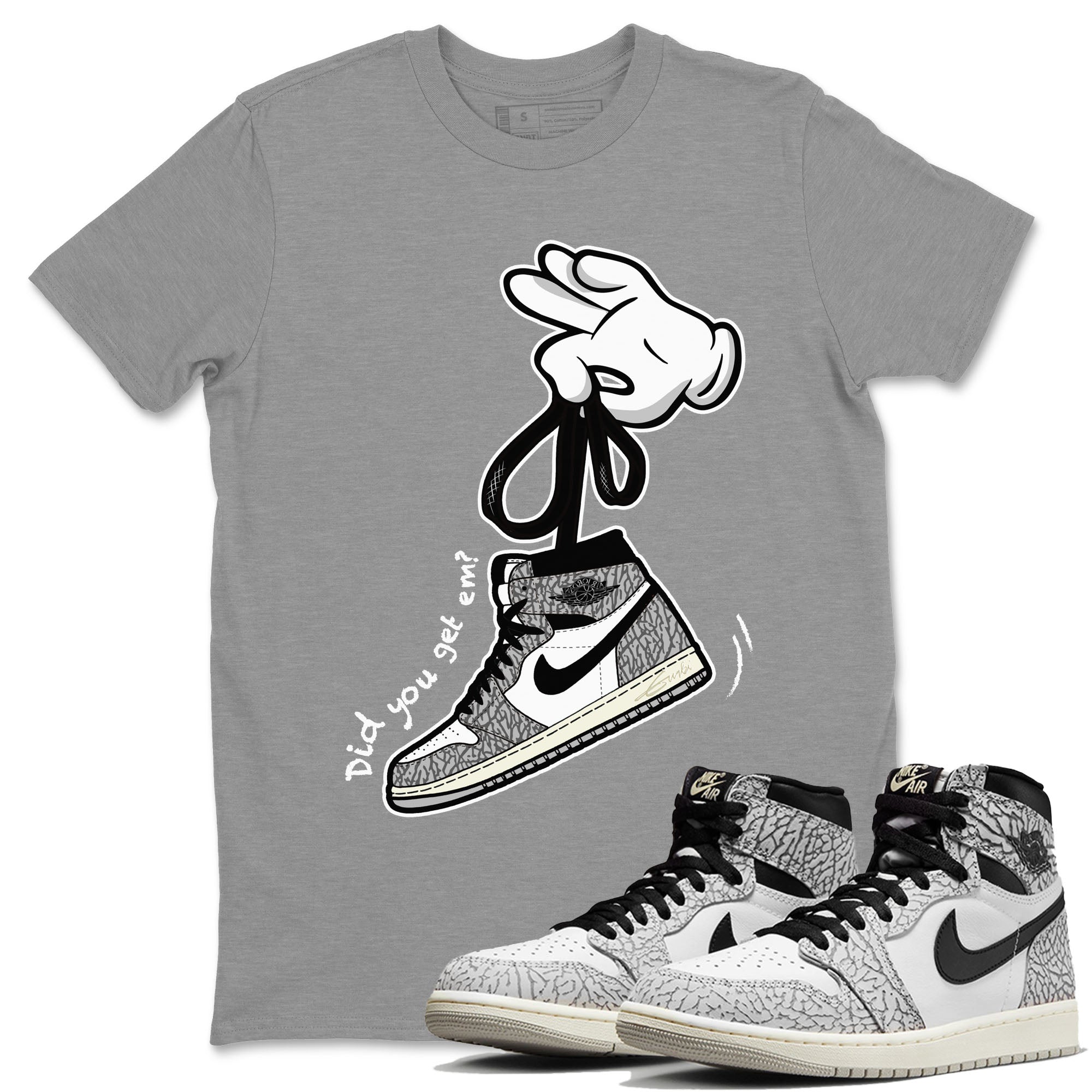 Air Jordan 1 White Cement Sneaker Match Tees Cartoon Hands Streetwear Sneaker Shirt Air Jordan 1 High OG White Cement Sneaker Release Tees Unisex Shirts Heather Grey 1