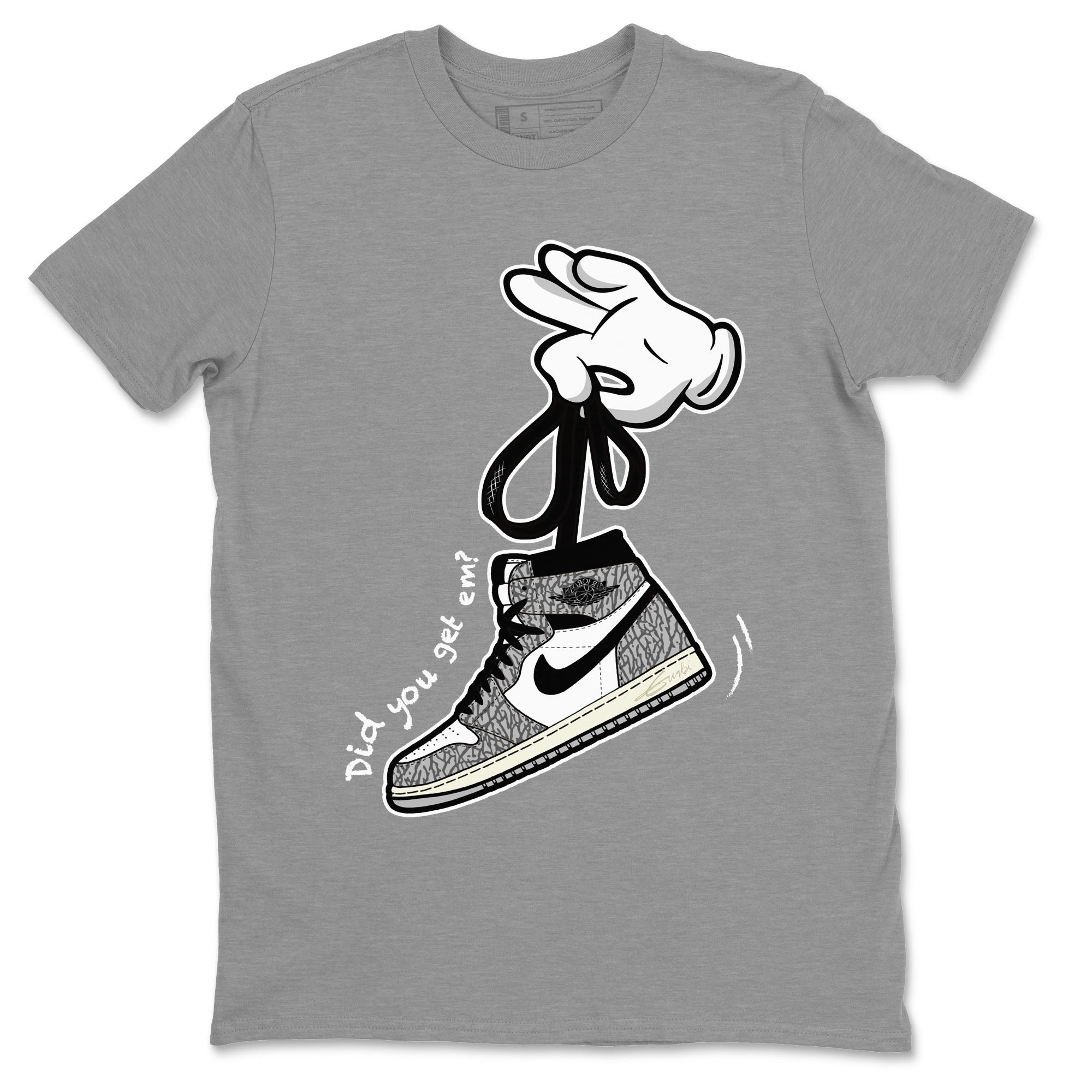 Air Jordan 1 White Cement Sneaker Match Tees Cartoon Hands Streetwear Sneaker Shirt Air Jordan 1 High OG White Cement Sneaker Release Tees Unisex Shirts Heather Grey 2