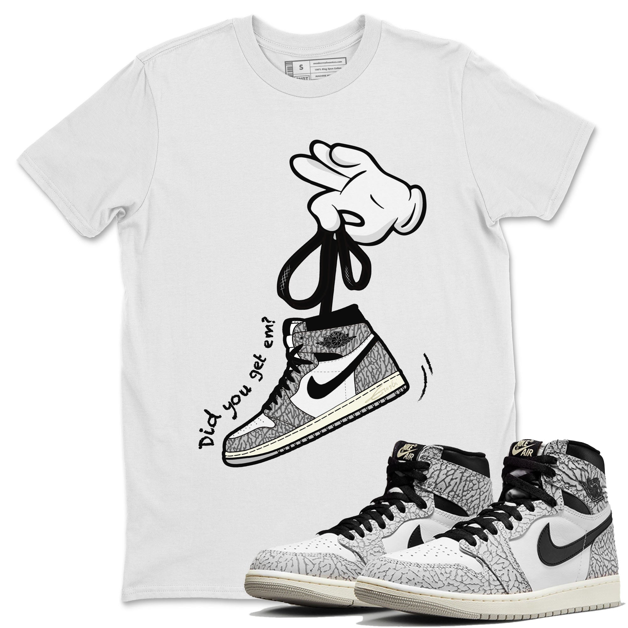 Air Jordan 1 White Cement Sneaker Match Tees Cartoon Hands Streetwear Sneaker Shirt Air Jordan 1 High OG White Cement Sneaker Release Tees Unisex Shirts White 1