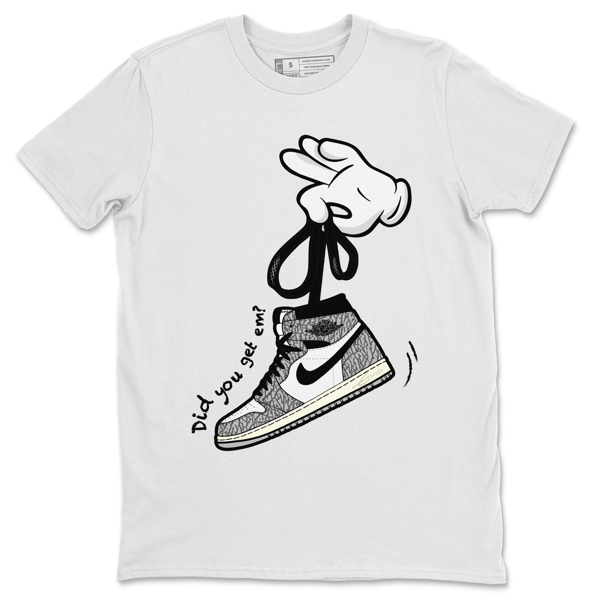 Air Jordan 1 White Cement Sneaker Match Tees Cartoon Hands Streetwear Sneaker Shirt Air Jordan 1 High OG White Cement Sneaker Release Tees Unisex Shirts White 2