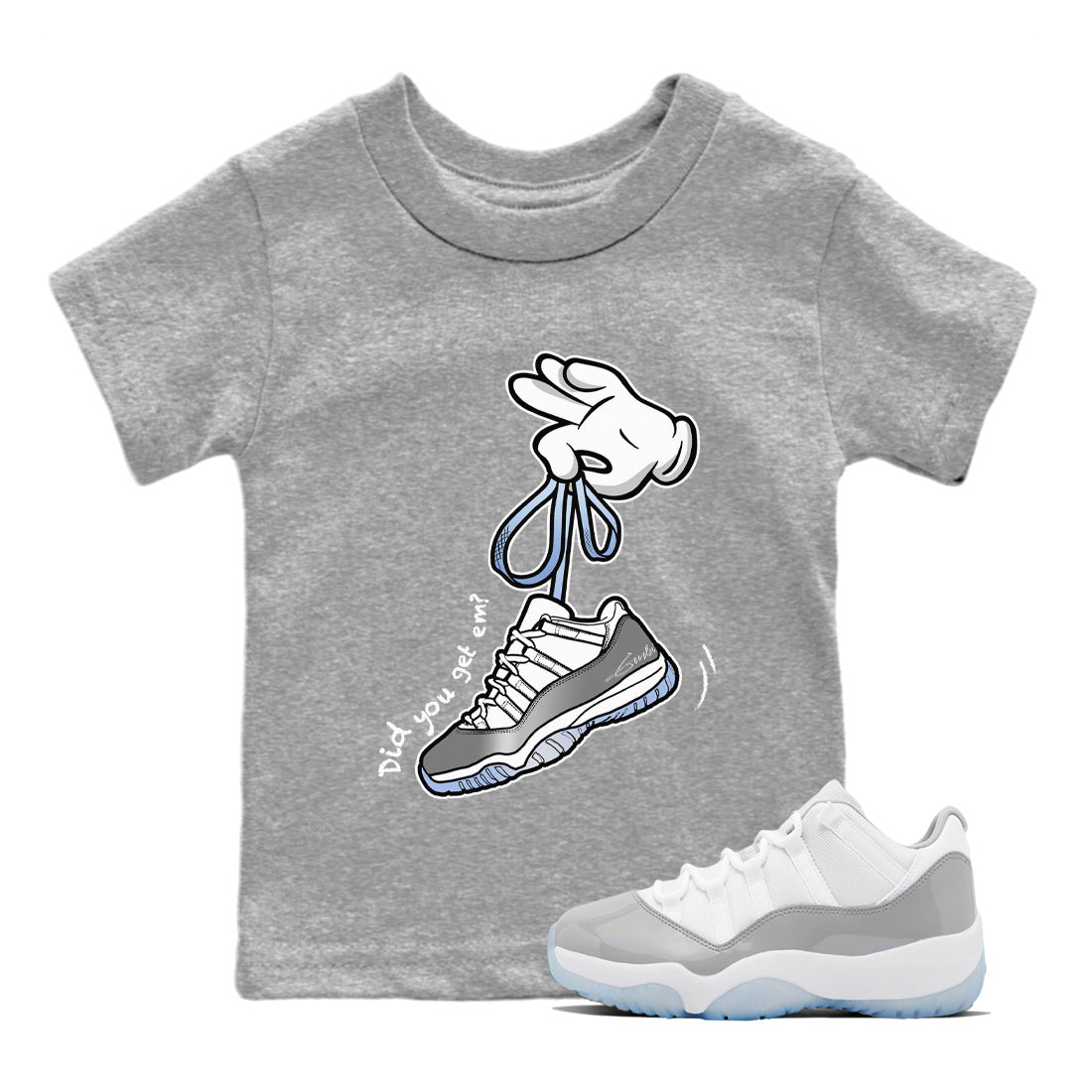 Air Jordan 11 White Cement Sneaker Match Tees Cartoon Hands Streetwear Sneaker Shirt Air Jordan 11 Cement Grey Sneaker Release Tees Kids Shirts Heather Grey 1