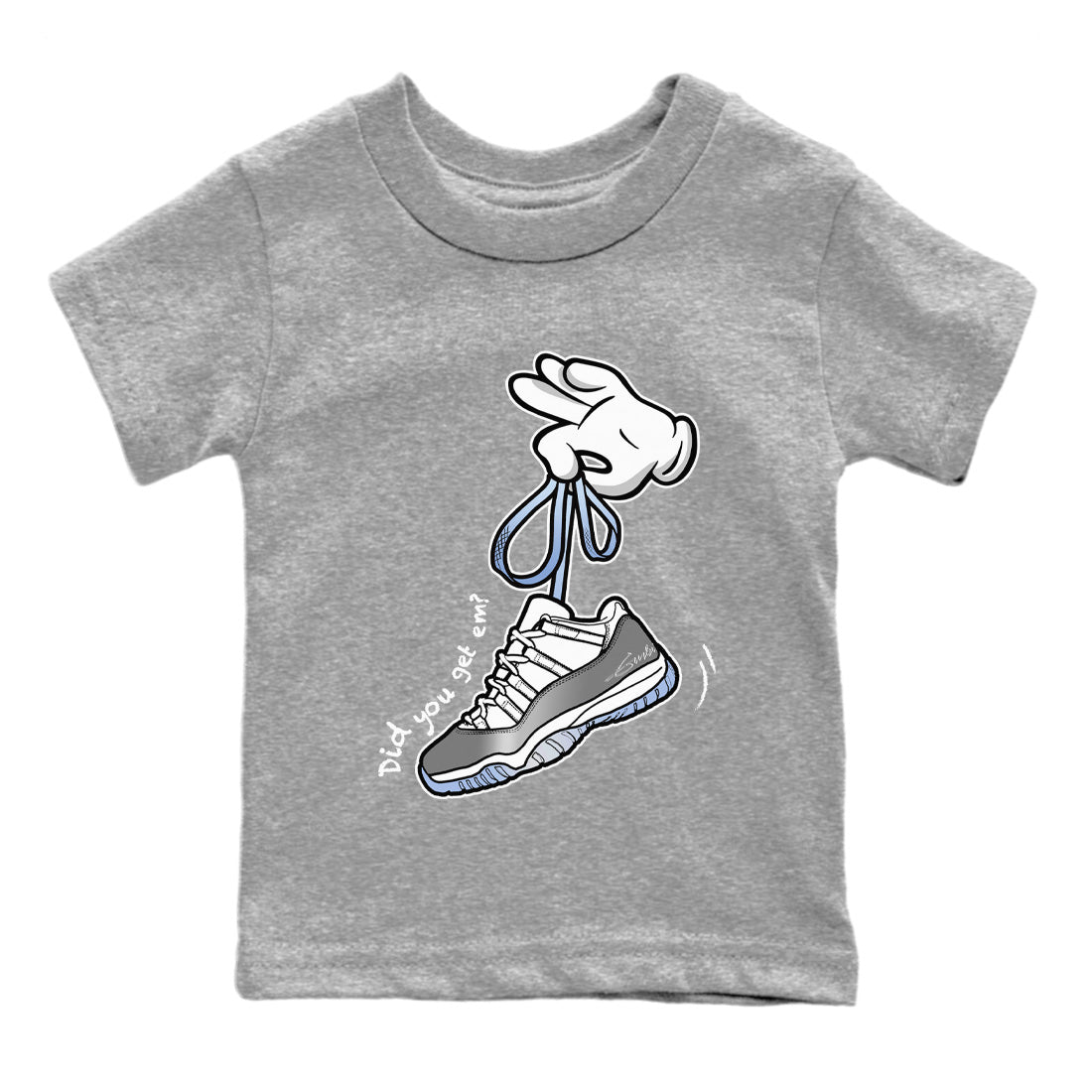 Air Jordan 11 White Cement Sneaker Match Tees Cartoon Hands Streetwear Sneaker Shirt Air Jordan 11 Cement Grey Sneaker Release Tees Kids Shirts Heather Grey 2