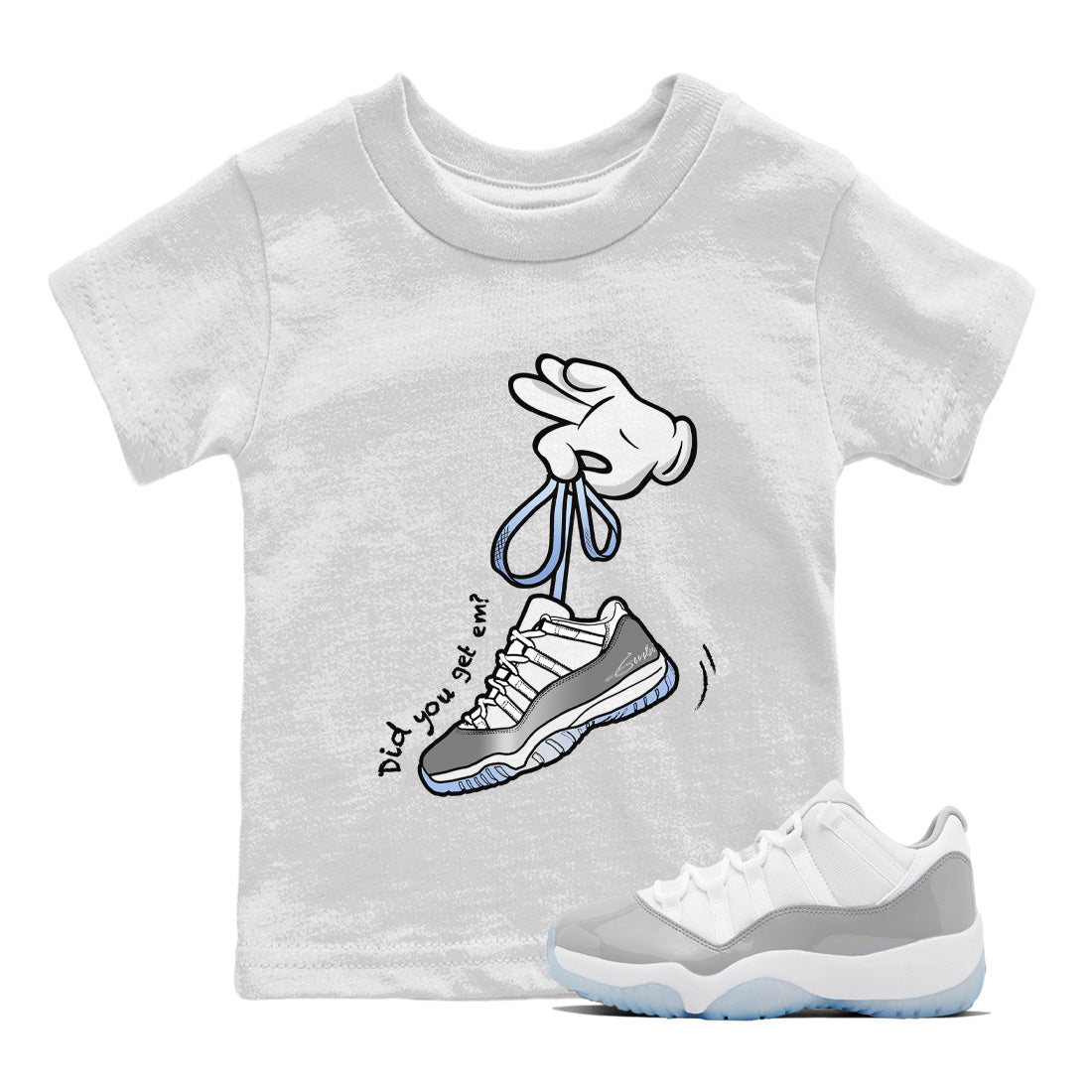 Air Jordan 11 White Cement Sneaker Match Tees Cartoon Hands Streetwear Sneaker Shirt Air Jordan 11 Cement Grey Sneaker Release Tees Kids Shirts White 1