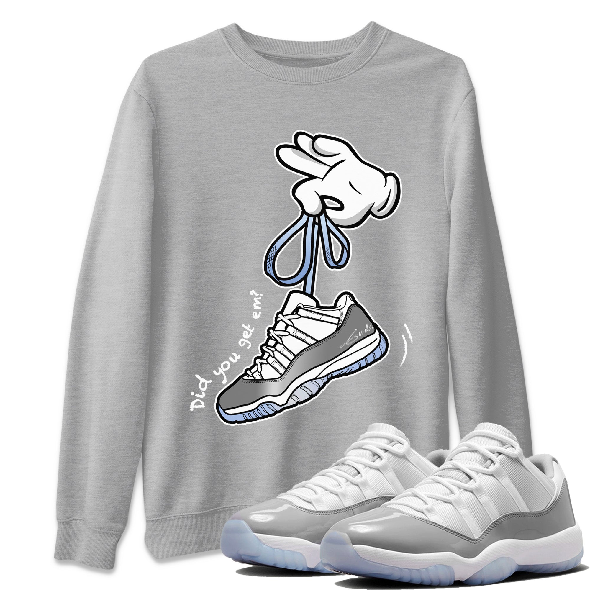 Air Jordan 11 White Cement Sneaker Match Tees Cartoon Hands Streetwear Sneaker Shirt Air Jordan 11 Cement Grey Sneaker Release Tees Unisex Shirts Heather Grey 1