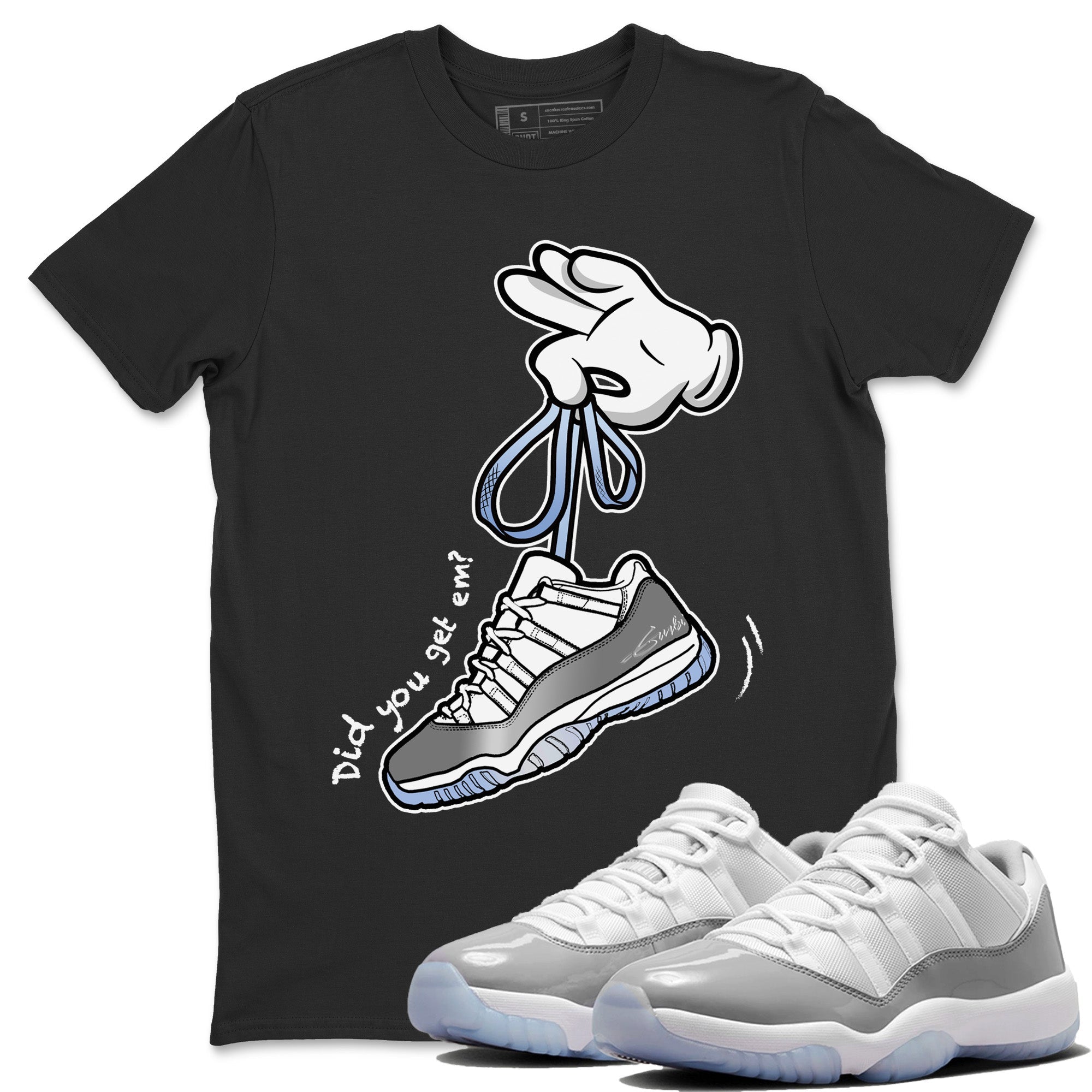 Air Jordan 11 White Cement Sneaker Match Tees Cartoon Hands Streetwear Sneaker Shirt Air Jordan 11 Cement Grey Sneaker Release Tees Unisex Shirts Black 1