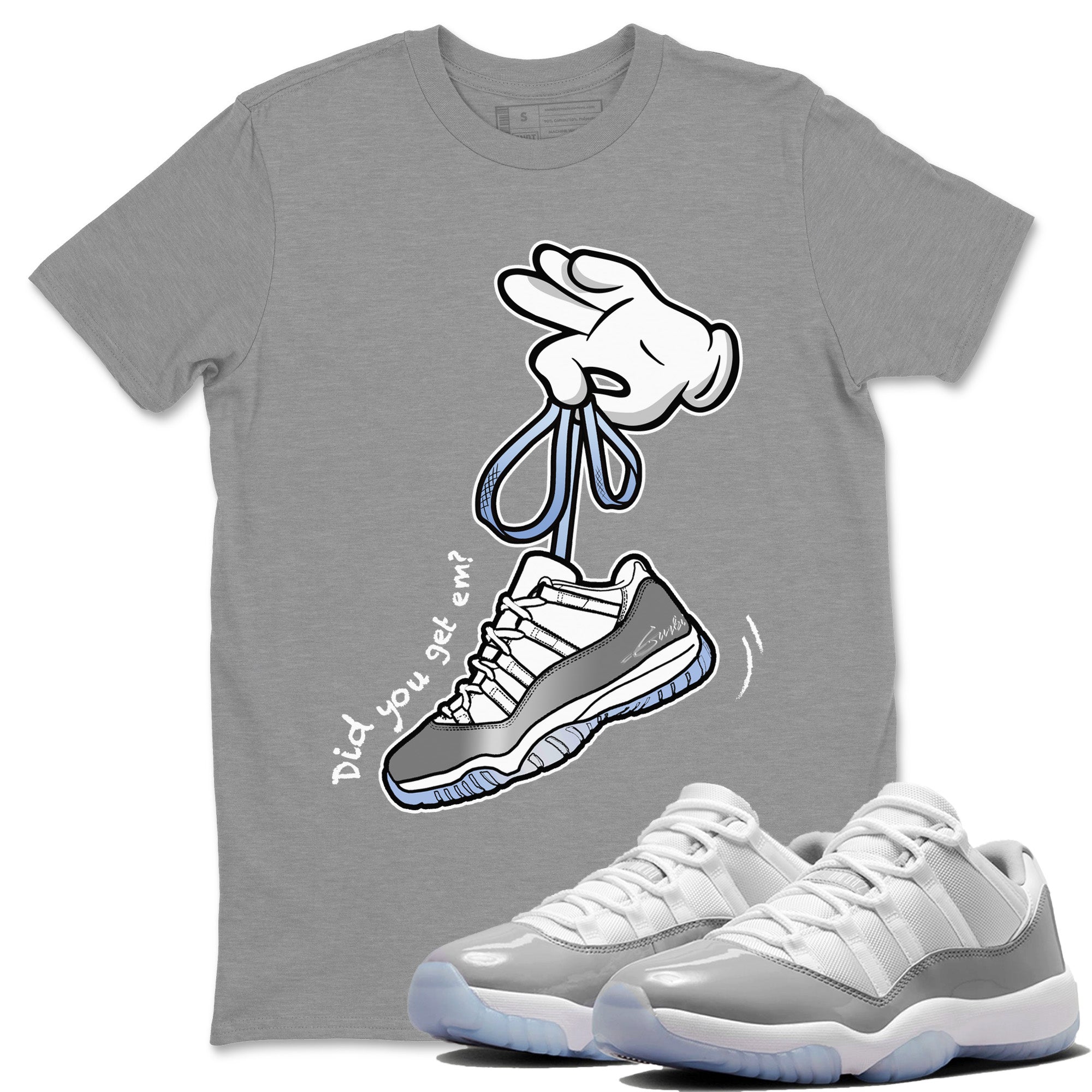 Air Jordan 11 White Cement Sneaker Match Tees Cartoon Hands Streetwear Sneaker Shirt Air Jordan 11 Cement Grey Sneaker Release Tees Unisex Shirts Heather Grey 1