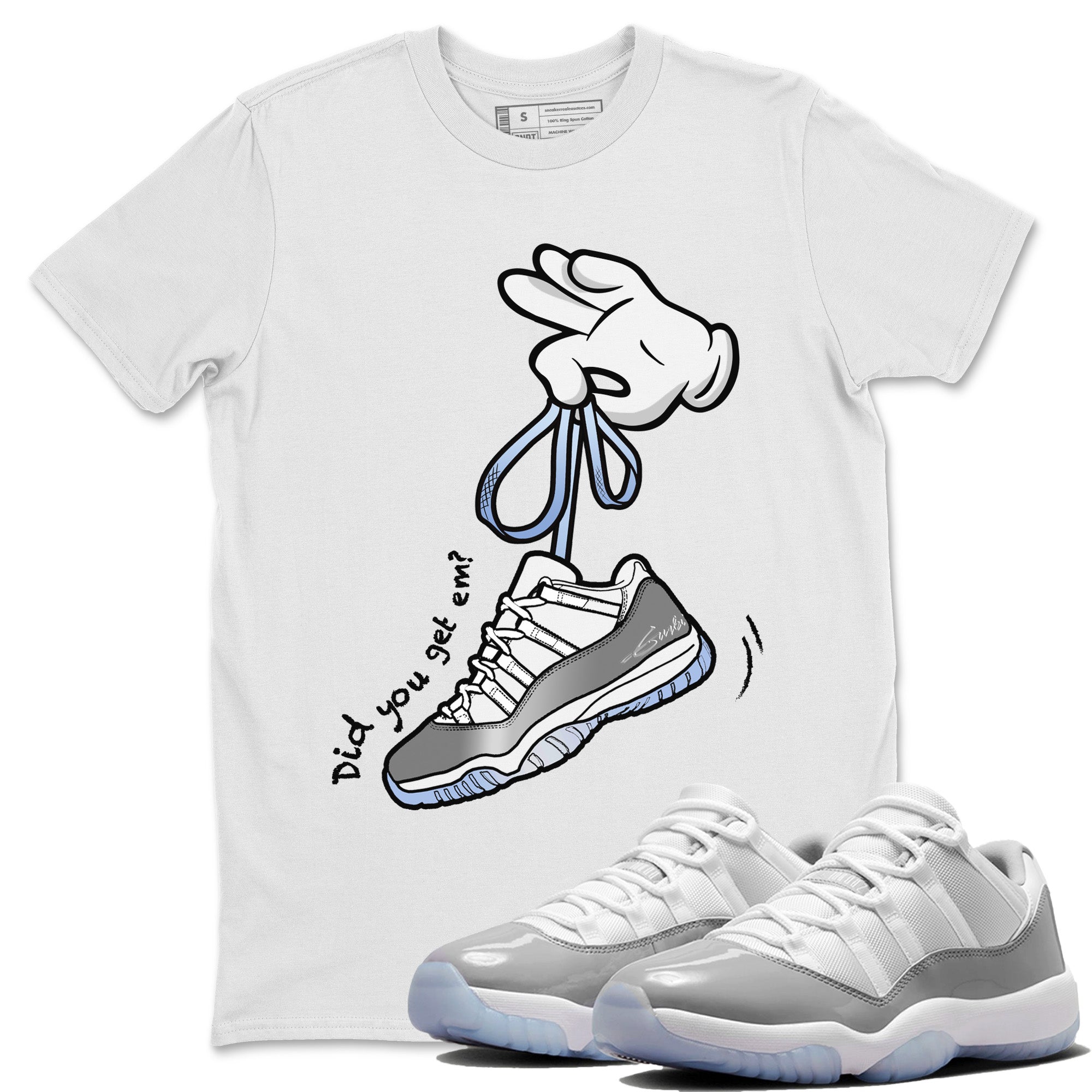 Air Jordan 11 White Cement Sneaker Match Tees Cartoon Hands Streetwear Sneaker Shirt Air Jordan 11 Cement Grey Sneaker Release Tees Unisex Shirts White 1