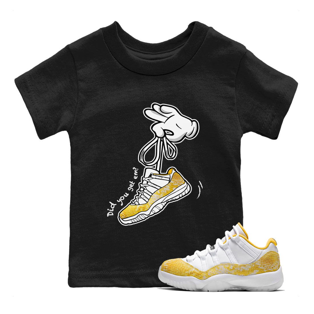 Air Jordan 11 Yellow Python Sneaker Match Tees Cartoon Hands Streetwear Sneaker Shirt Air Jordan 11 Yellow Python Sneaker Release Tees Kids Shirts Black 1