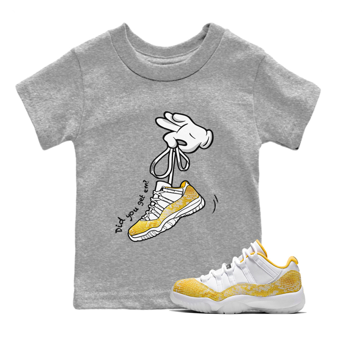 Air Jordan 11 Yellow Python Sneaker Match Tees Cartoon Hands Streetwear Sneaker Shirt Air Jordan 11 Yellow Python Sneaker Release Tees Kids Shirts Heather Grey 1