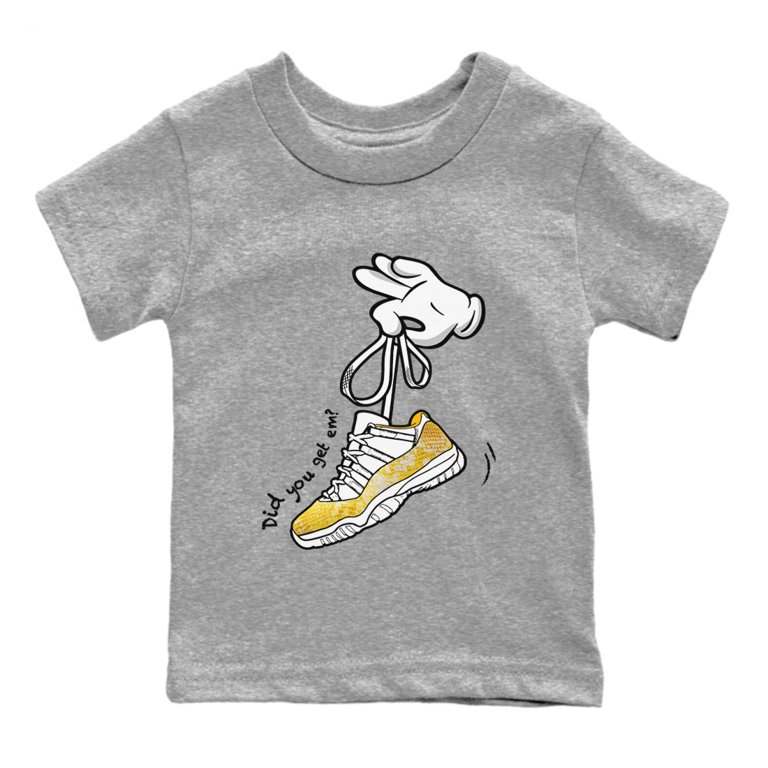 Air Jordan 11 Yellow Python Sneaker Match Tees Cartoon Hands Streetwear Sneaker Shirt Air Jordan 11 Yellow Python Sneaker Release Tees Kids Shirts Heather Grey 2