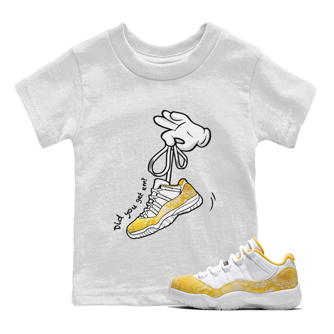Air Jordan 11 Yellow Python Sneaker Match Tees Cartoon Hands Streetwear Sneaker Shirt Air Jordan 11 Yellow Python Sneaker Release Tees Kids Shirts White 1