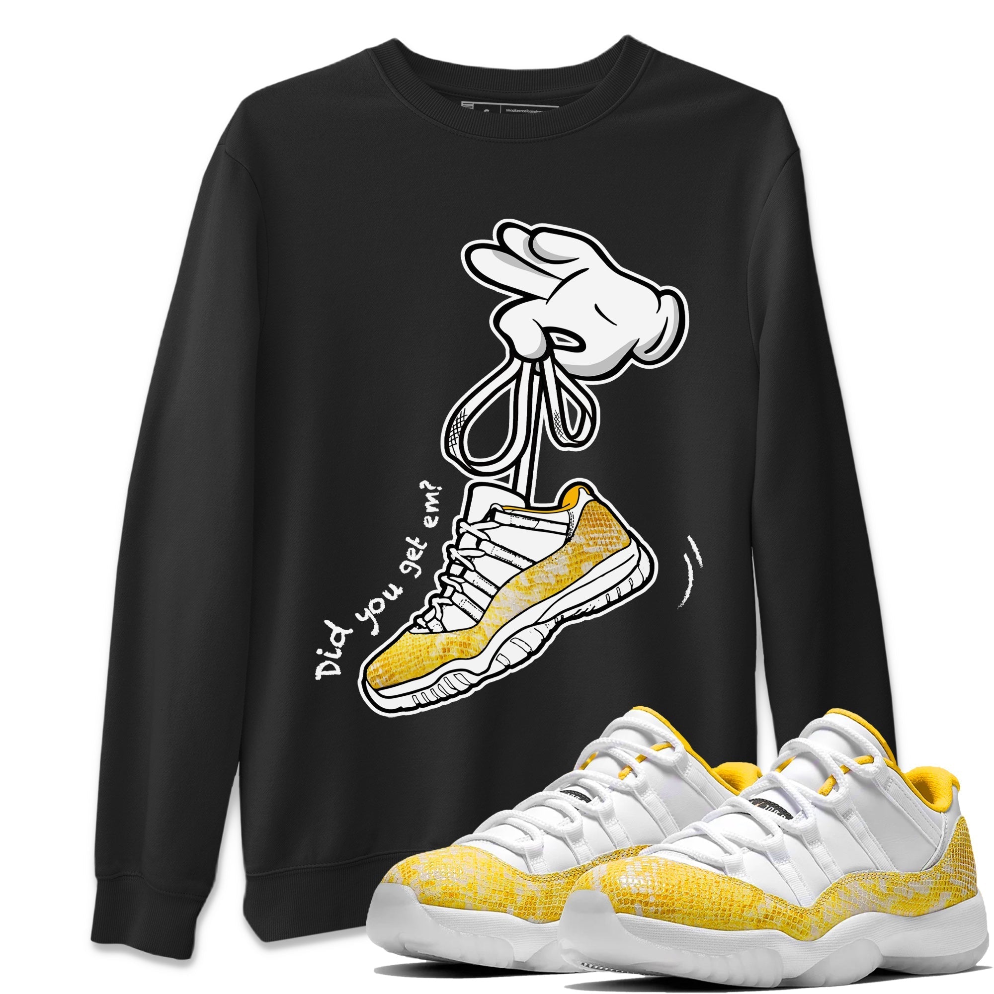 Air Jordan 11 Yellow Python Sneaker Match Tees Cartoon Hands Streetwear Sneaker Shirt Air Jordan 11 Yellow Python Sneaker Release Tees Unisex Shirts Black 1