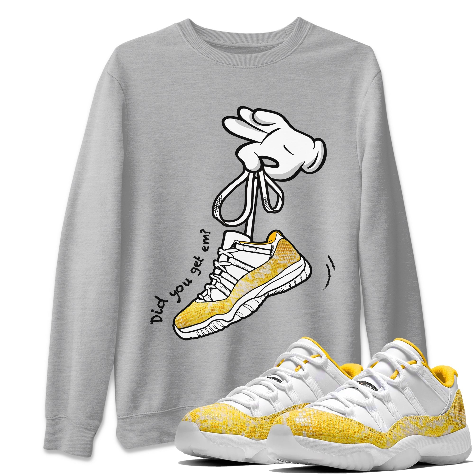 Air Jordan 11 Yellow Python Sneaker Match Tees Cartoon Hands Streetwear Sneaker Shirt Air Jordan 11 Yellow Python Sneaker Release Tees Unisex Shirts Heather Grey 1