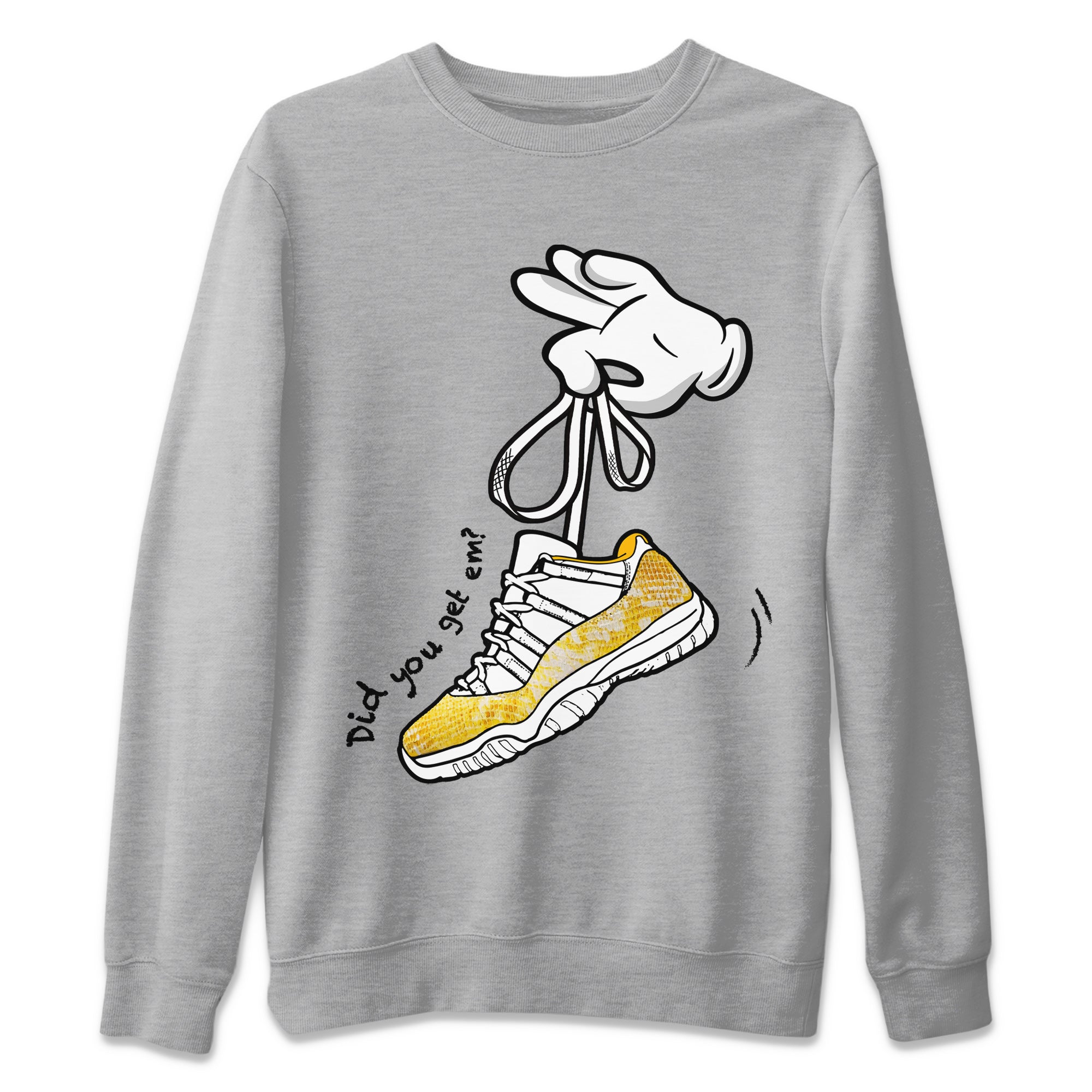 Air Jordan 11 Yellow Python Sneaker Match Tees Cartoon Hands Streetwear Sneaker Shirt Air Jordan 11 Yellow Python Sneaker Release Tees Unisex Shirts Heather Grey 2