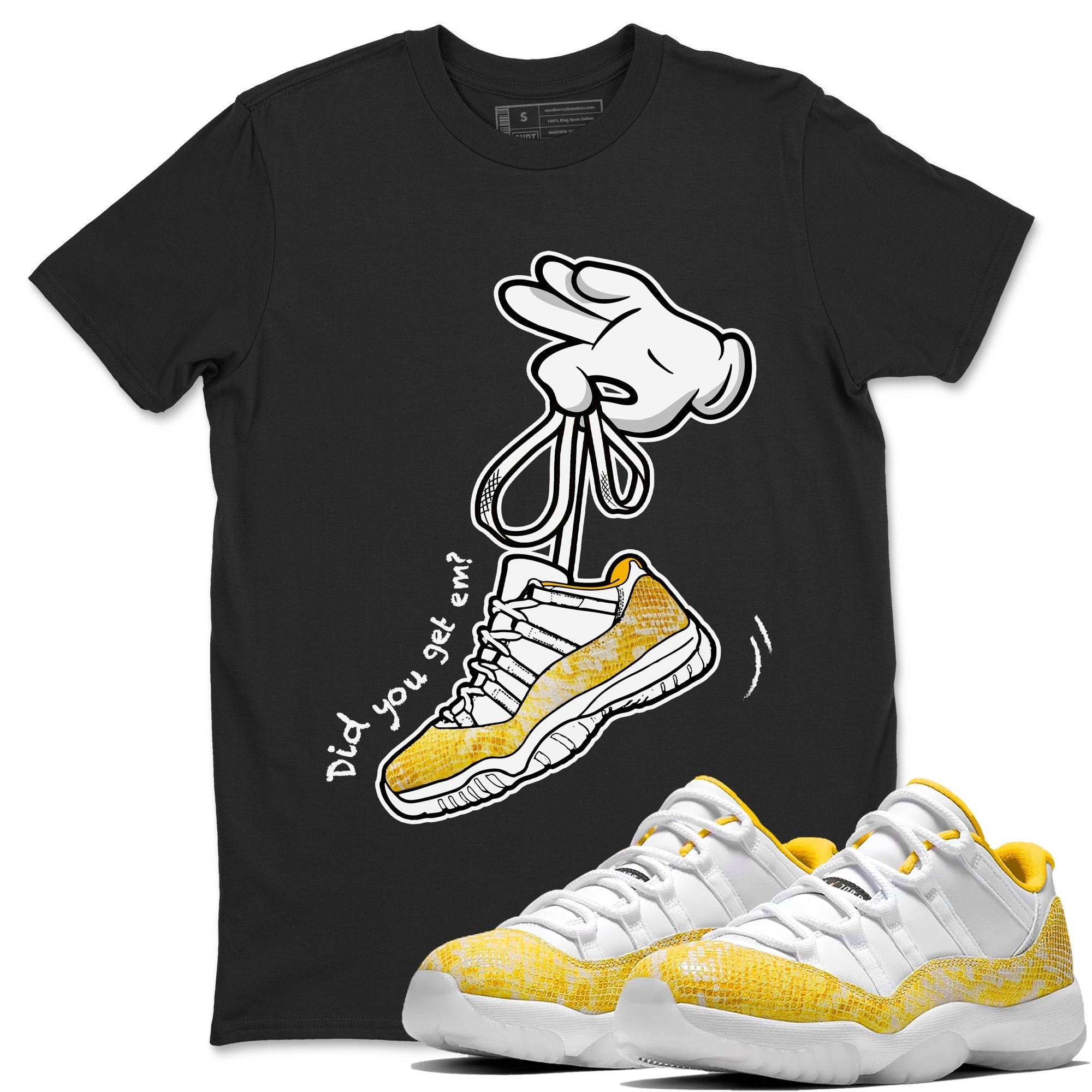 Air Jordan 11 Yellow Python Sneaker Match Tees Cartoon Hands Streetwear Sneaker Shirt Air Jordan 11 Yellow Python Sneaker Release Tees Unisex Shirts Black 1
