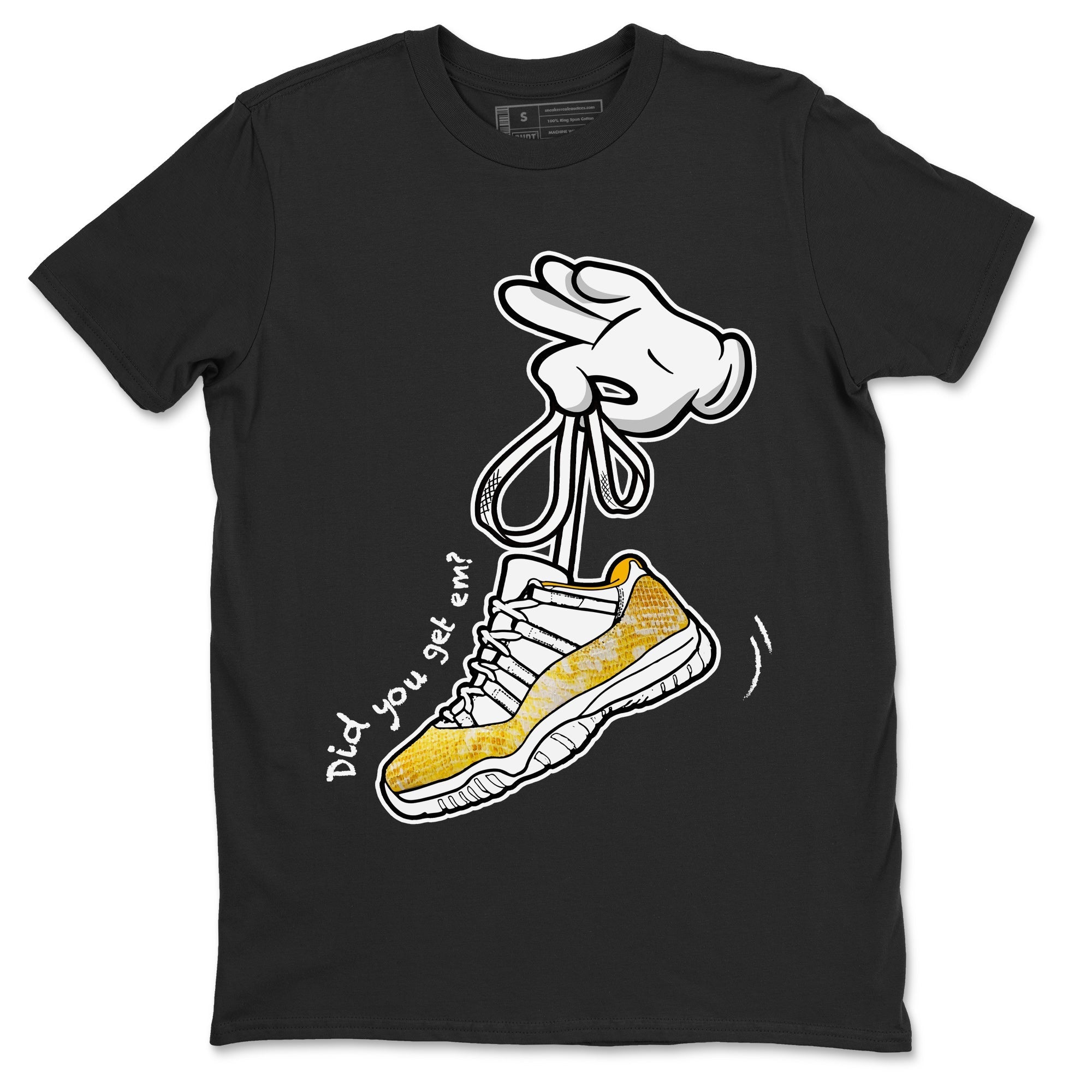 Air Jordan 11 Yellow Python Sneaker Match Tees Cartoon Hands Streetwear Sneaker Shirt Air Jordan 11 Yellow Python Sneaker Release Tees Unisex Shirts Black 2