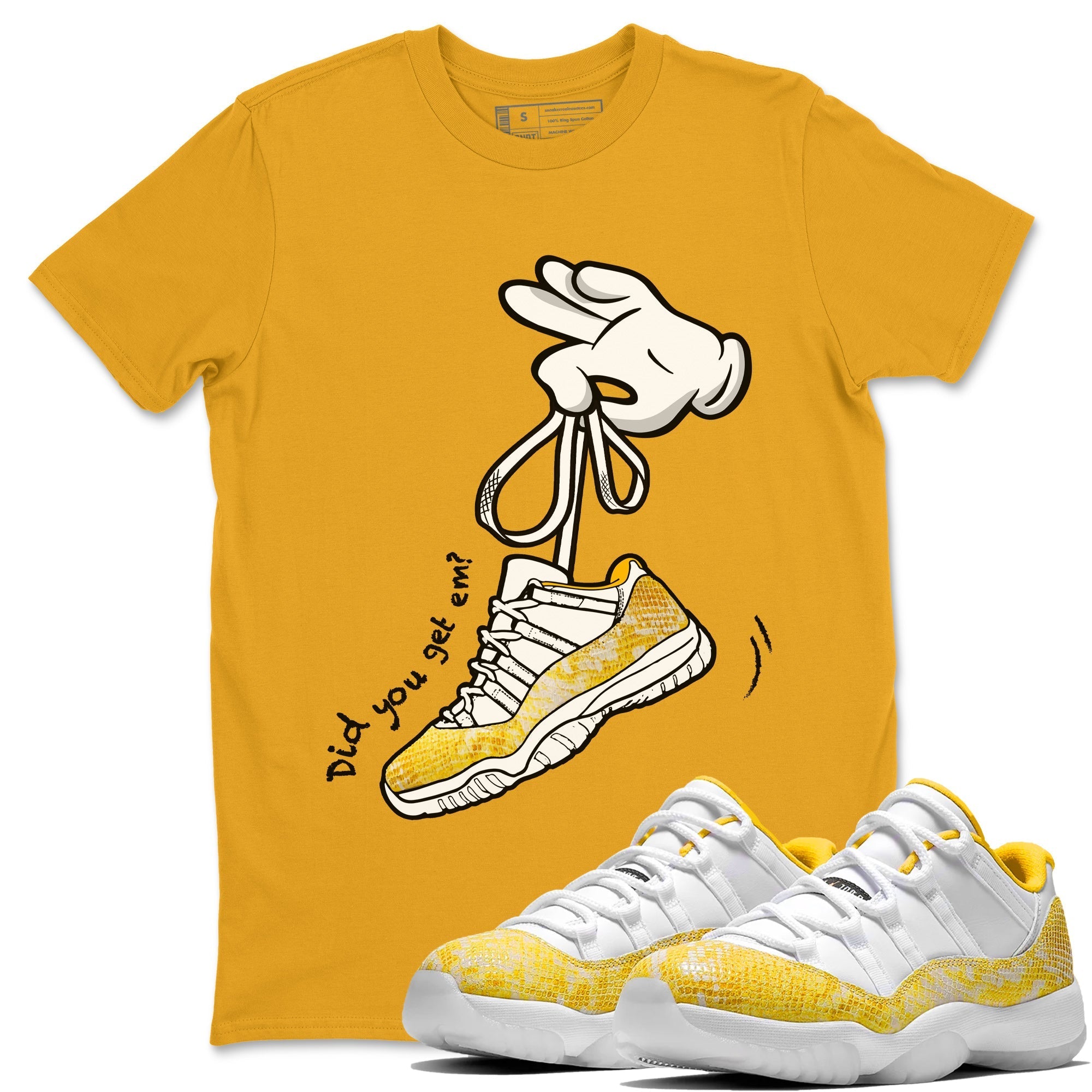 Air Jordan 11 Yellow Python Sneaker Match Tees Cartoon Hands Streetwear Sneaker Shirt Air Jordan 11 Yellow Python Sneaker Release Tees Unisex Shirts Gold 1