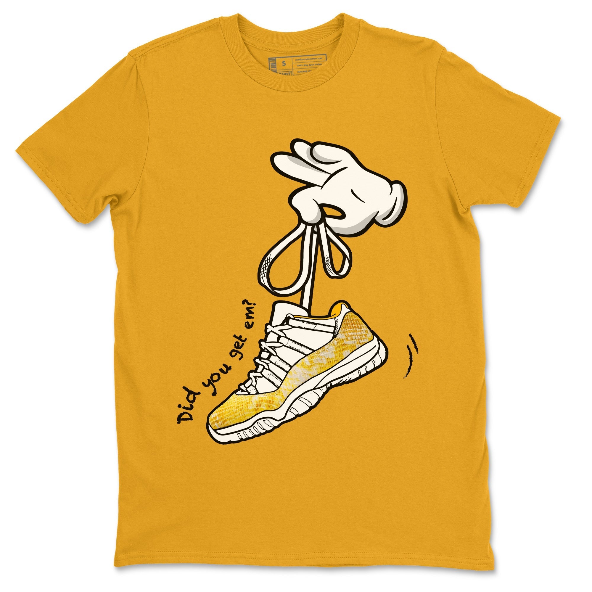 Air Jordan 11 Yellow Python Sneaker Match Tees Cartoon Hands Streetwear Sneaker Shirt Air Jordan 11 Yellow Python Sneaker Release Tees Unisex Shirts Gold 2