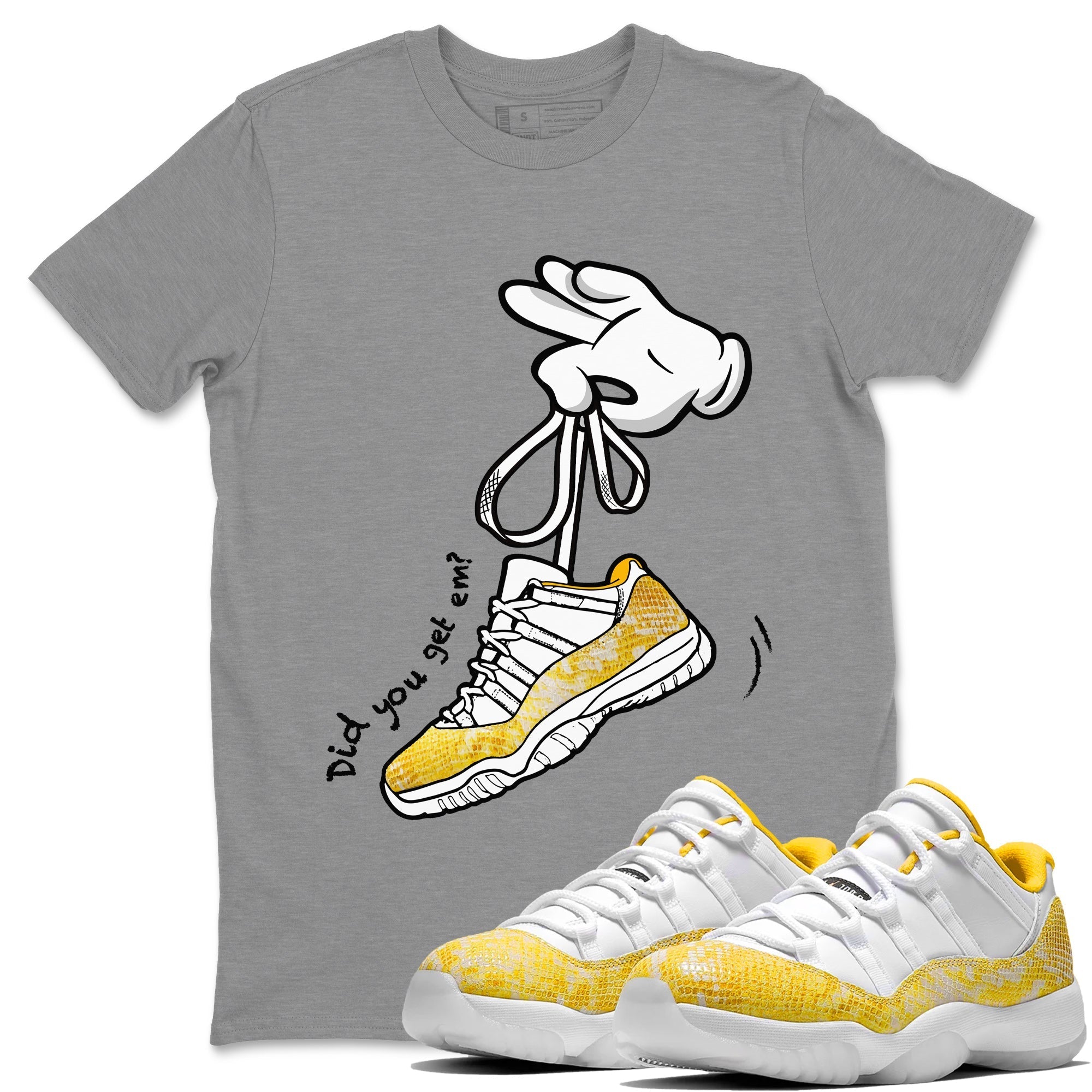 Air Jordan 11 Yellow Python Sneaker Match Tees Cartoon Hands Streetwear Sneaker Shirt Air Jordan 11 Yellow Python Sneaker Release Tees Unisex Shirts Heather Grey 1
