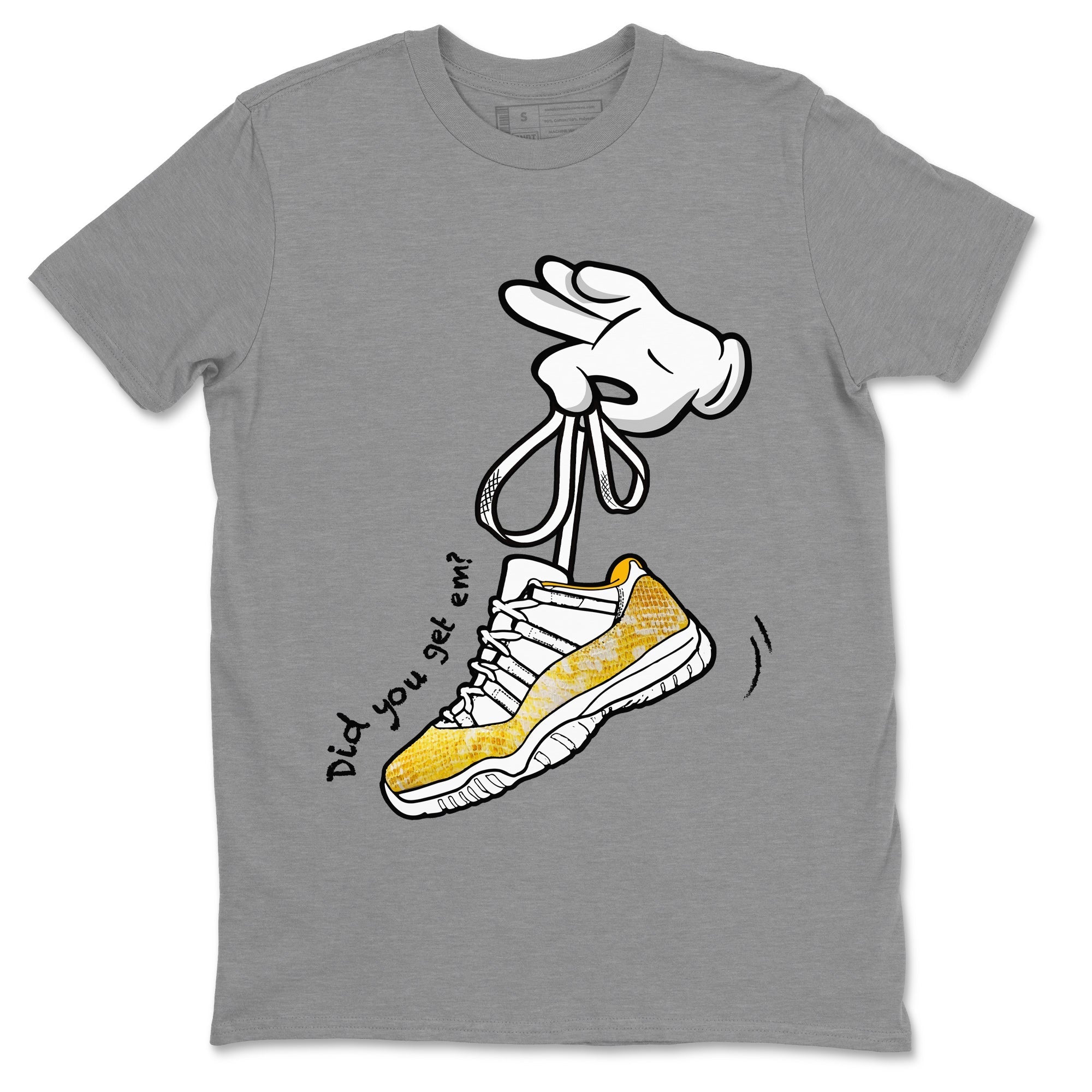 Air Jordan 11 Yellow Python Sneaker Match Tees Cartoon Hands Streetwear Sneaker Shirt Air Jordan 11 Yellow Python Sneaker Release Tees Unisex Shirts Heather Grey 2