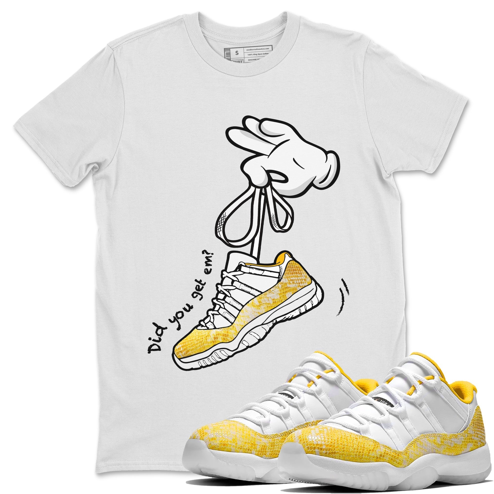 Air Jordan 11 Yellow Python Sneaker Match Tees Cartoon Hands Streetwear Sneaker Shirt Air Jordan 11 Yellow Python Sneaker Release Tees Unisex Shirts White 1
