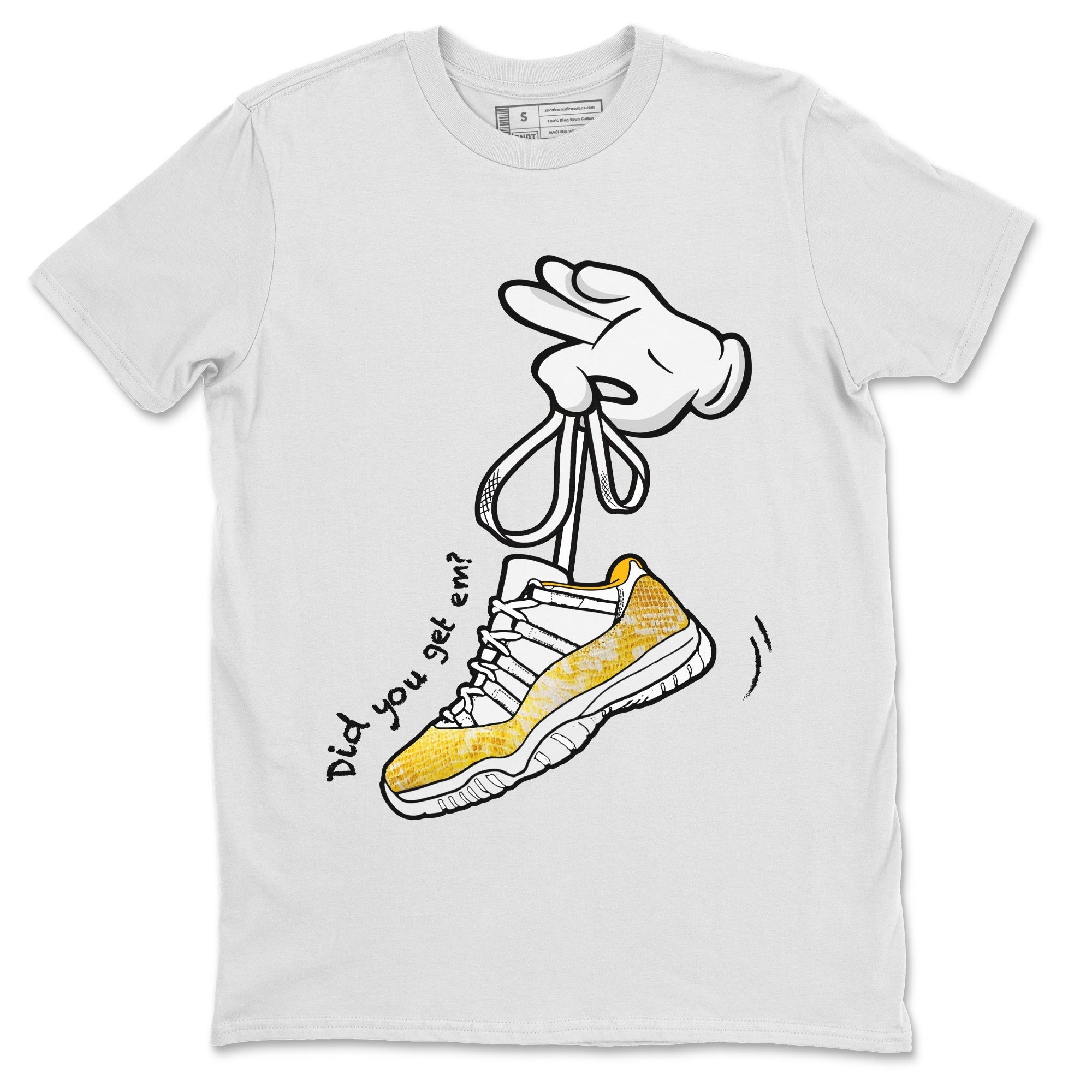 Air Jordan 11 Yellow Python Sneaker Match Tees Cartoon Hands Streetwear Sneaker Shirt Air Jordan 11 Yellow Python Sneaker Release Tees Unisex Shirts White 2