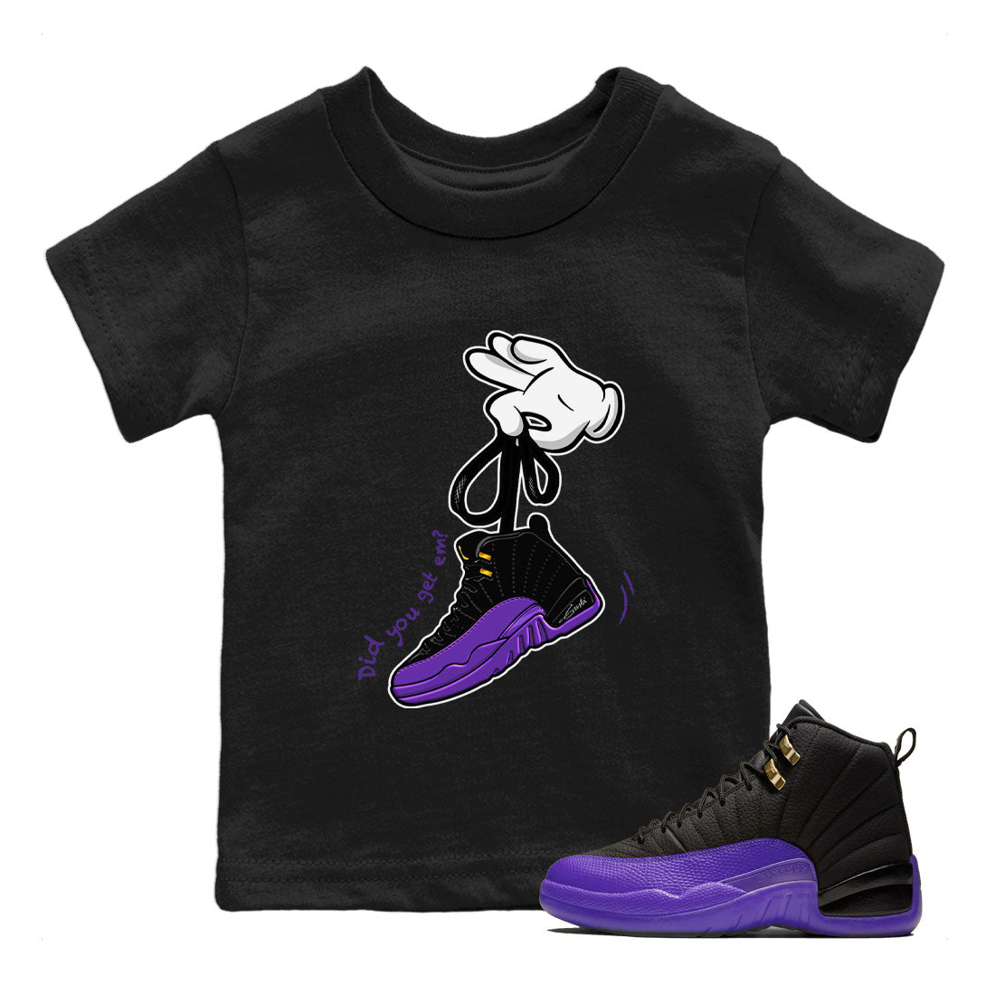 AJ12 Field Purple Sneaker Match Tees Cartoon Hands Streetwear Sneaker Shirt Air Jordan 12 Field Purple Drip Gear Zone Sneaker Matching Clothing Kids Shirts Black 1