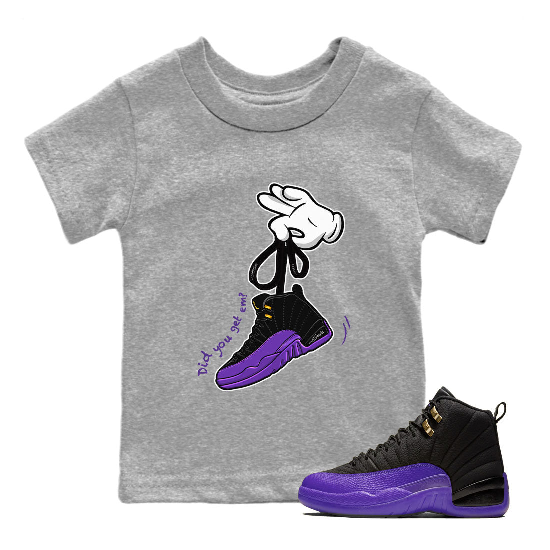 AJ12 Field Purple Sneaker Match Tees Cartoon Hands Streetwear Sneaker Shirt Air Jordan 12 Field Purple Drip Gear Zone Sneaker Matching Clothing Kids Shirts Heather Grey 1