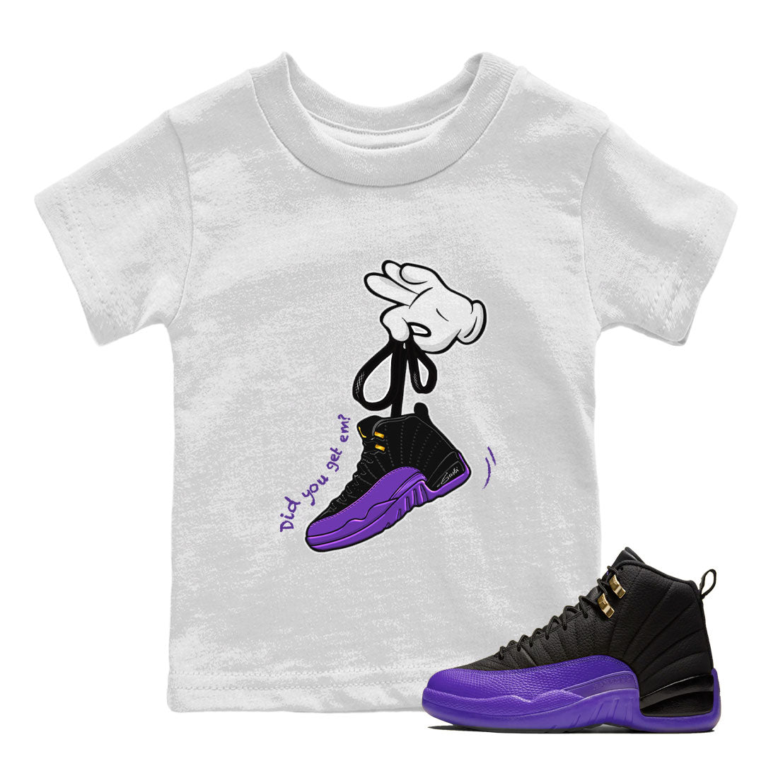 AJ12 Field Purple Sneaker Match Tees Cartoon Hands Streetwear Sneaker Shirt Air Jordan 12 Field Purple Drip Gear Zone Sneaker Matching Clothing Kids Shirts White 1