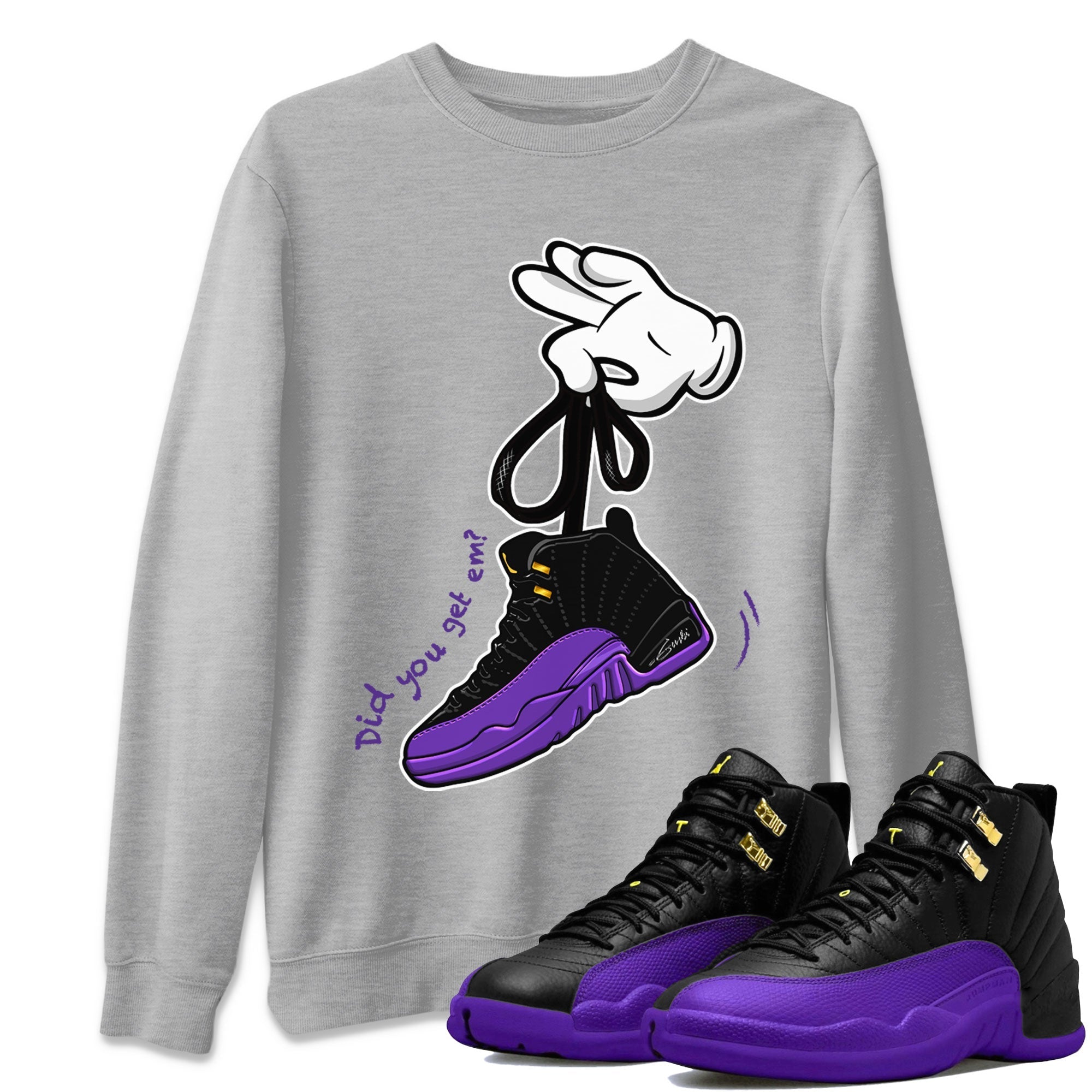 AJ12 Field Purple Sneaker Match Tees Cartoon Hands Streetwear Sneaker Shirt Air Jordan 12 Field Purple Drip Gear Zone Sneaker Matching Clothing Unisex Shirts Heather Grey 1