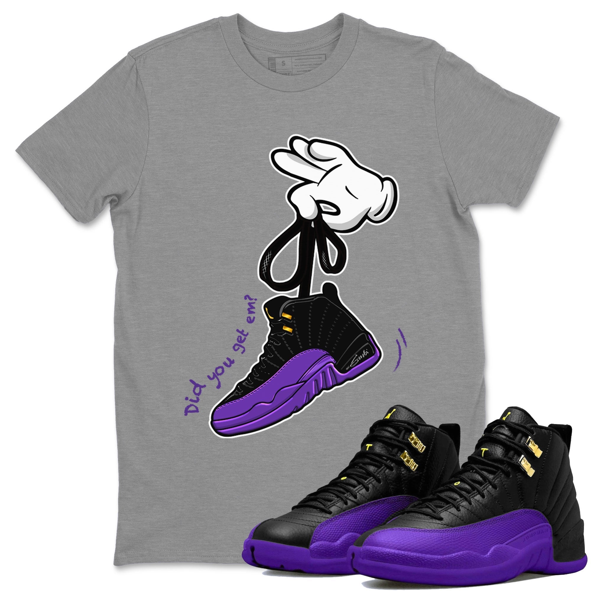 AJ12 Field Purple Sneaker Match Tees Cartoon Hands Streetwear Sneaker Shirt Air Jordan 12 Field Purple Drip Gear Zone Sneaker Matching Clothing Unisex Shirts Heather Grey 1