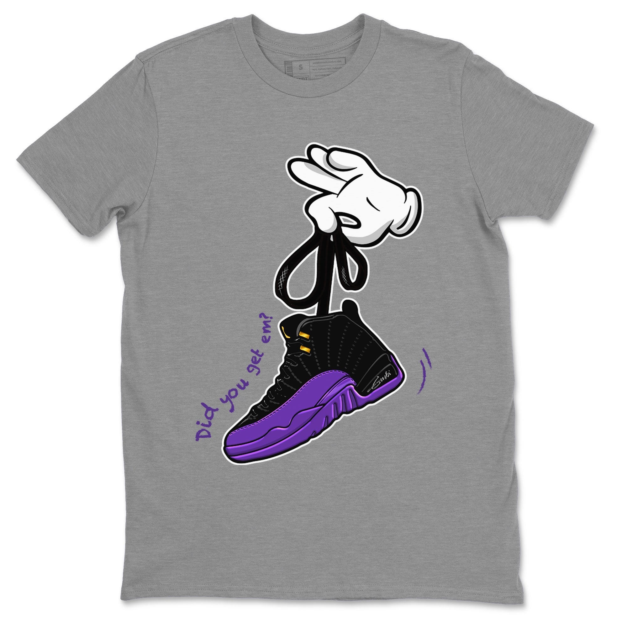 AJ12 Field Purple Sneaker Match Tees Cartoon Hands Streetwear Sneaker Shirt Air Jordan 12 Field Purple Drip Gear Zone Sneaker Matching Clothing Unisex Shirts Heather Grey 2